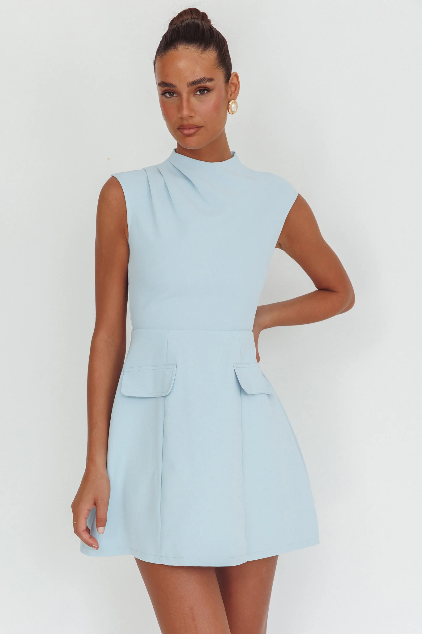 Thandi Pleat Shoulder Faux Pocket Mini Dress Steel Blue