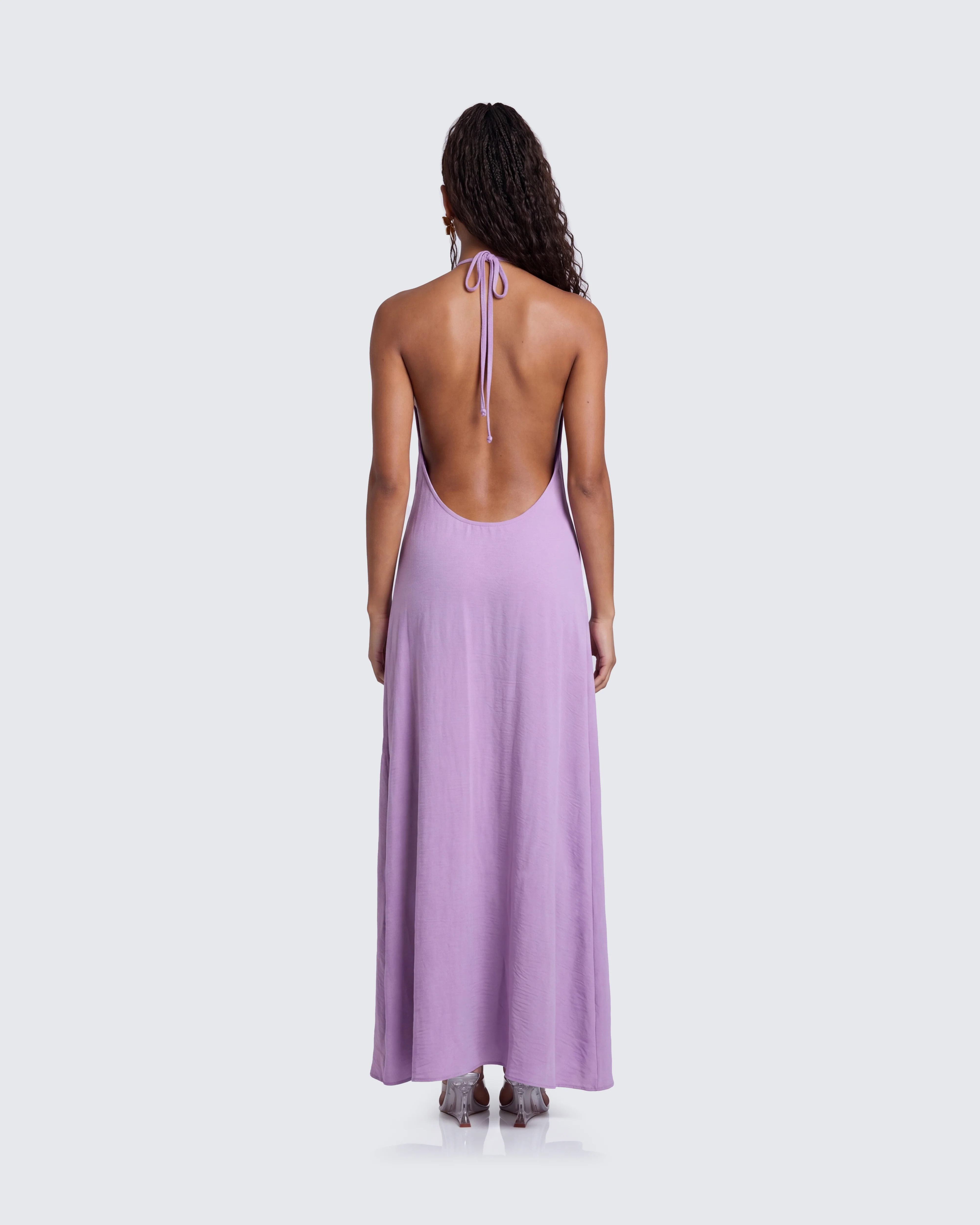 Debri Purple Open Back Halterneck Matt Satin Maxi Dress