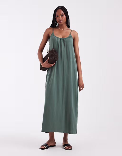 Vero Moda Tall chuck on cami maxi dress in khaki