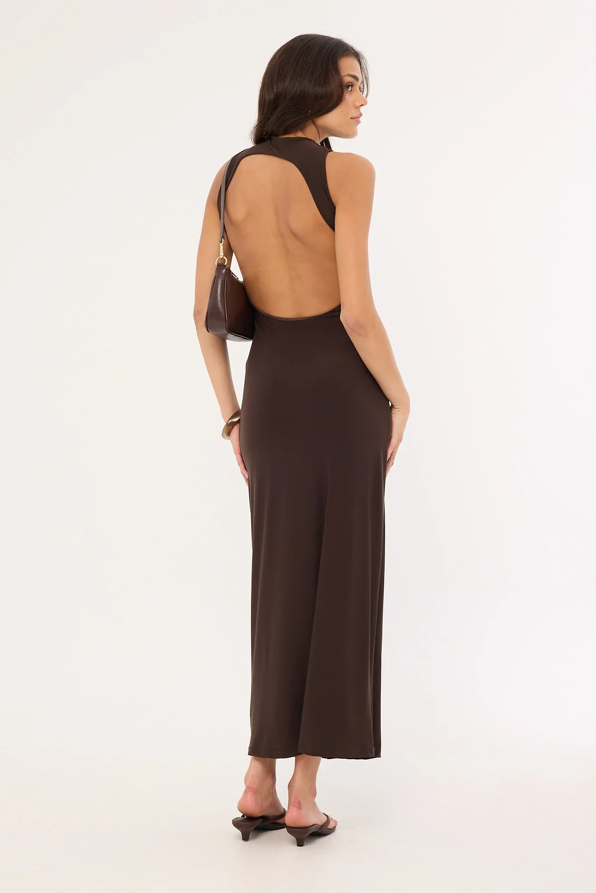 Perfect Stranger Havana High Neck Open Back Maxi Dress Brown