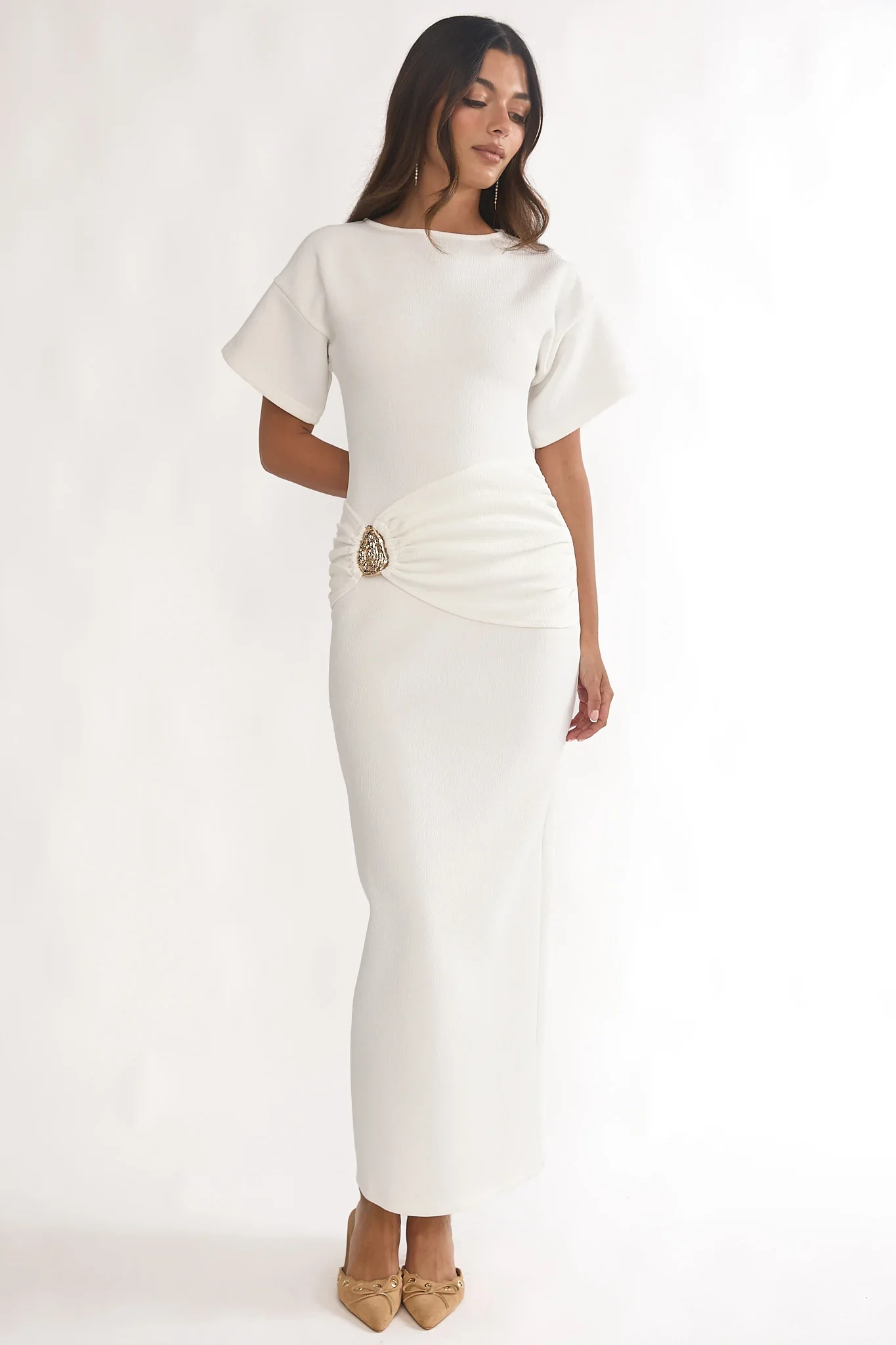 Briona Short Sleeve Buckle Maxi Dress White