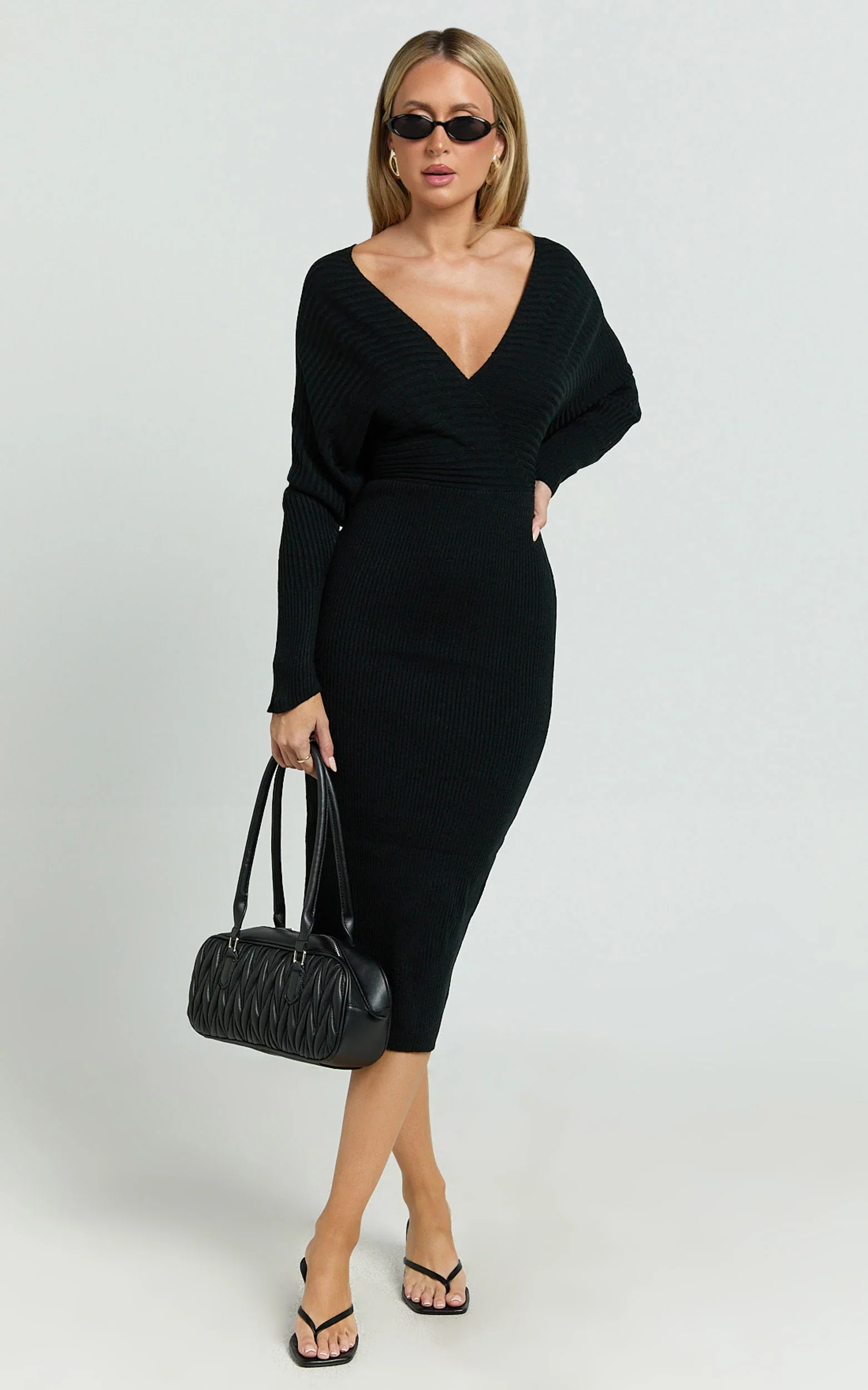 Sheika Midi Dress - Long Sleeve Off Shoulder Knit Dress in Black