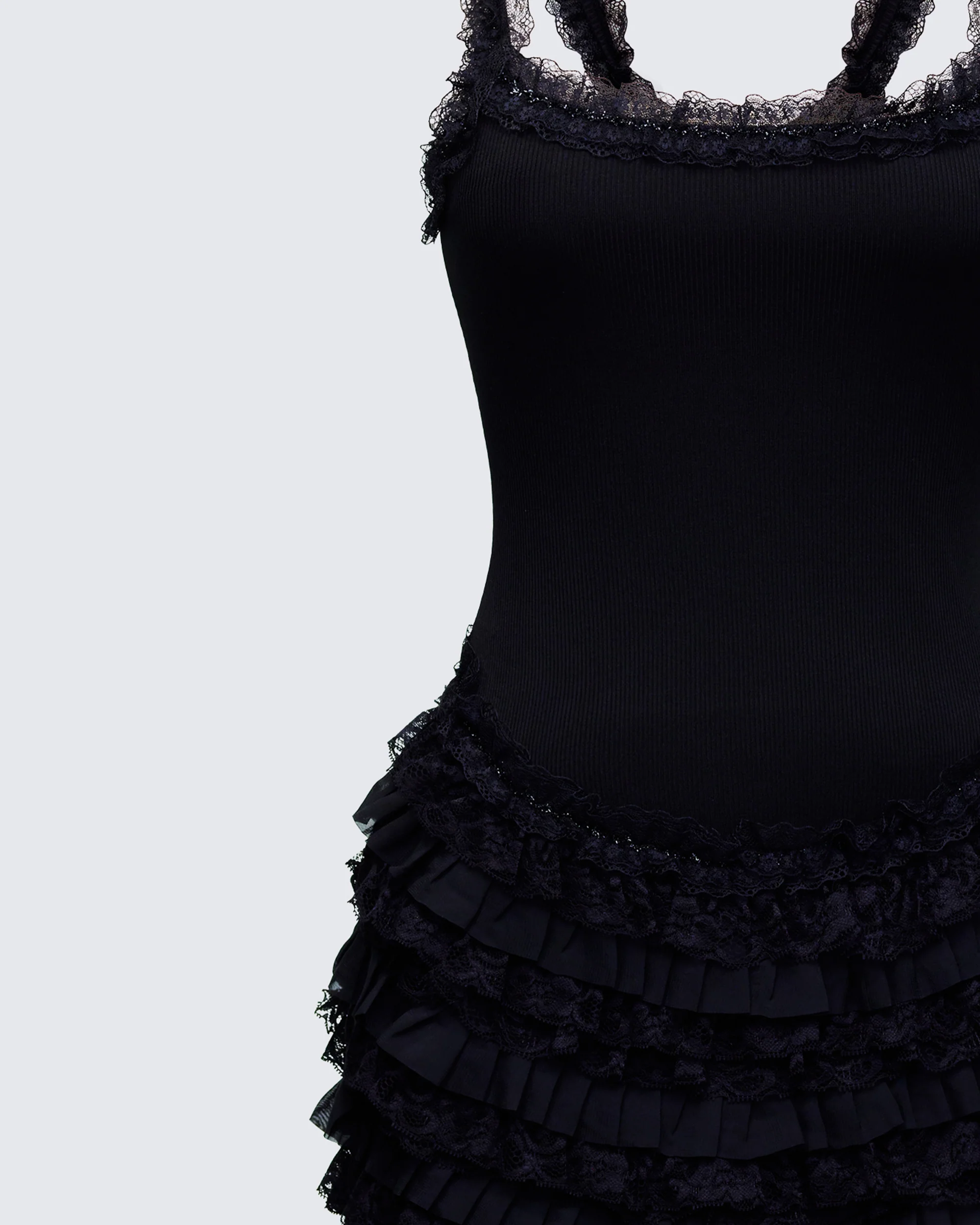 Amira Black Ribbed Ruffle Mini Dress