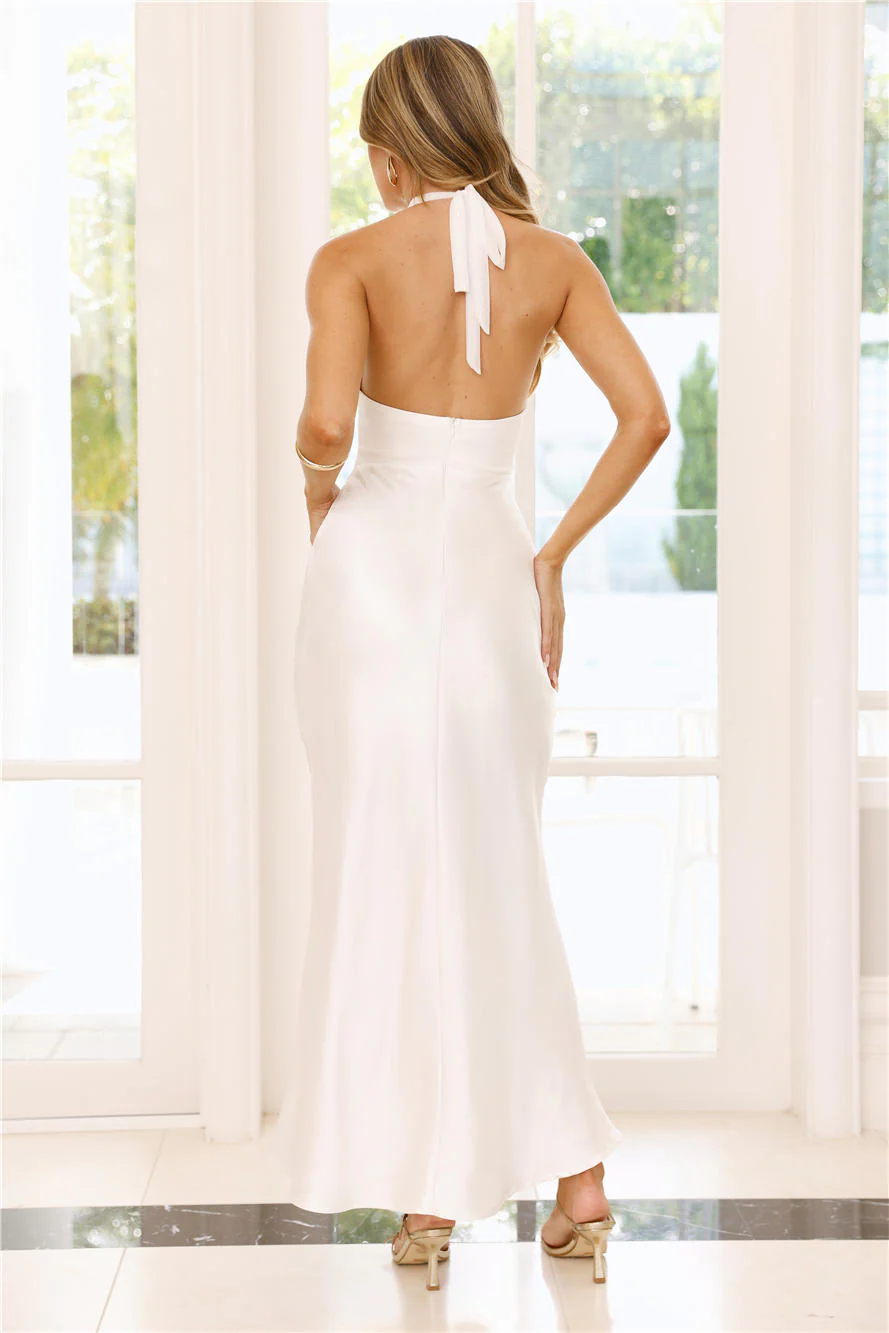 Dream Design Halter Satin Maxi Dress White - luluinthesky