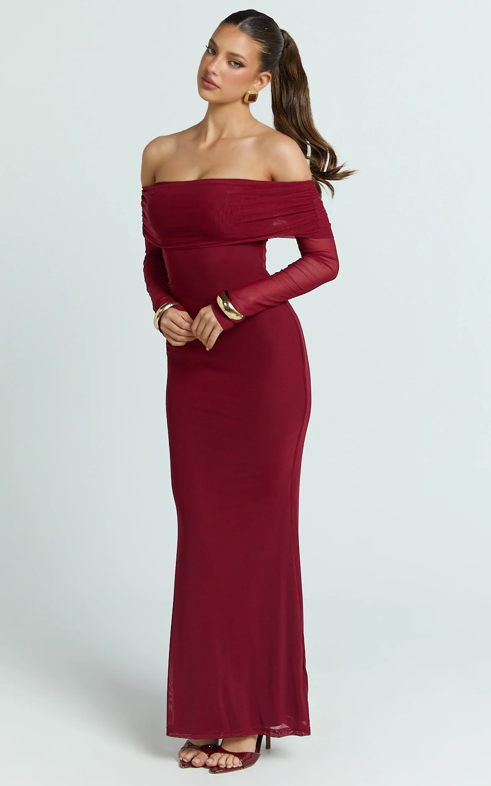 Bethanie Maxi Dress - Off The Shoulder Mesh Dress in Wine