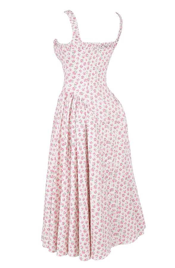 White Rosebud Print Cotton Midi Sundress