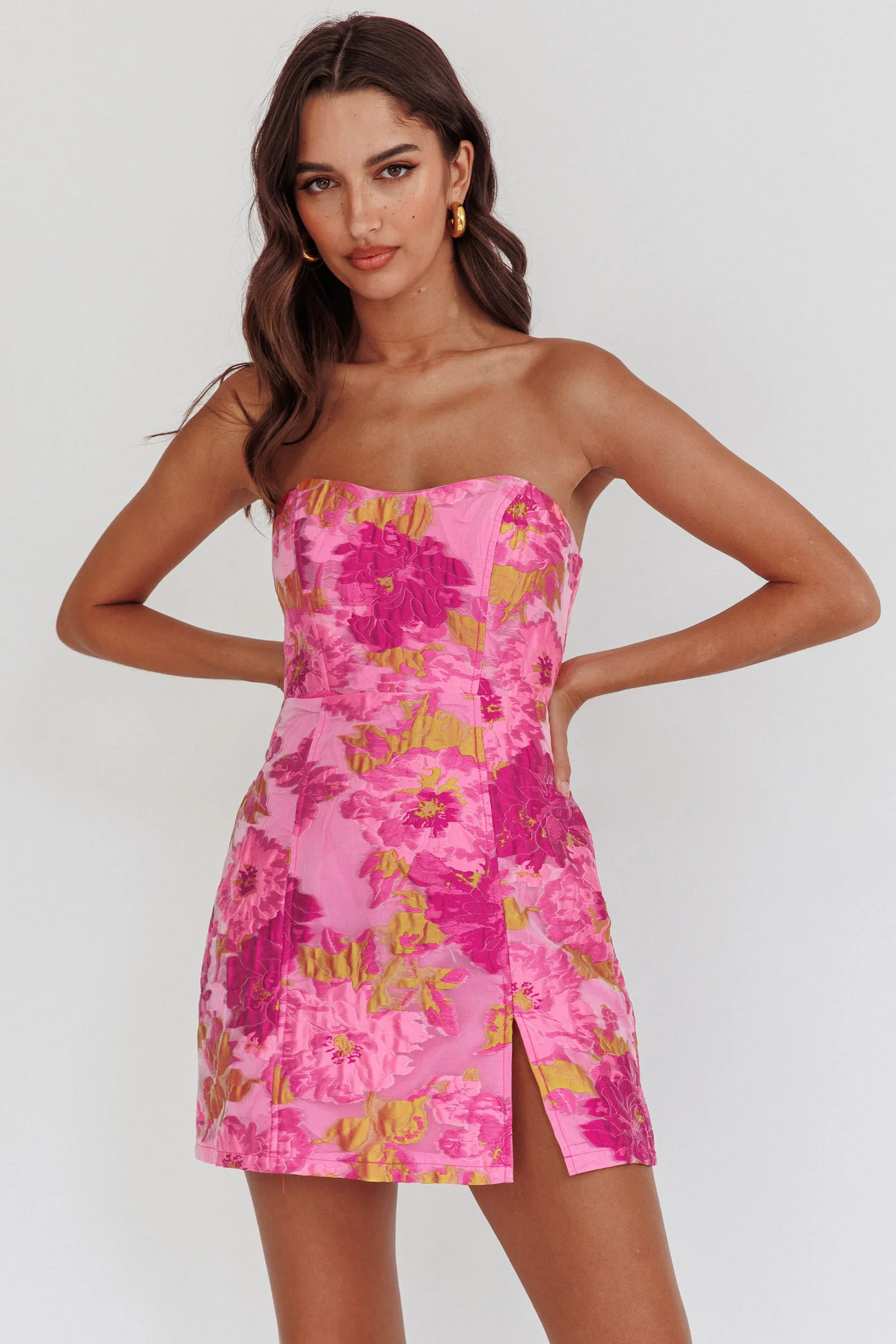 Marlina Strapless Jacquard Mini Dress Fuchsia