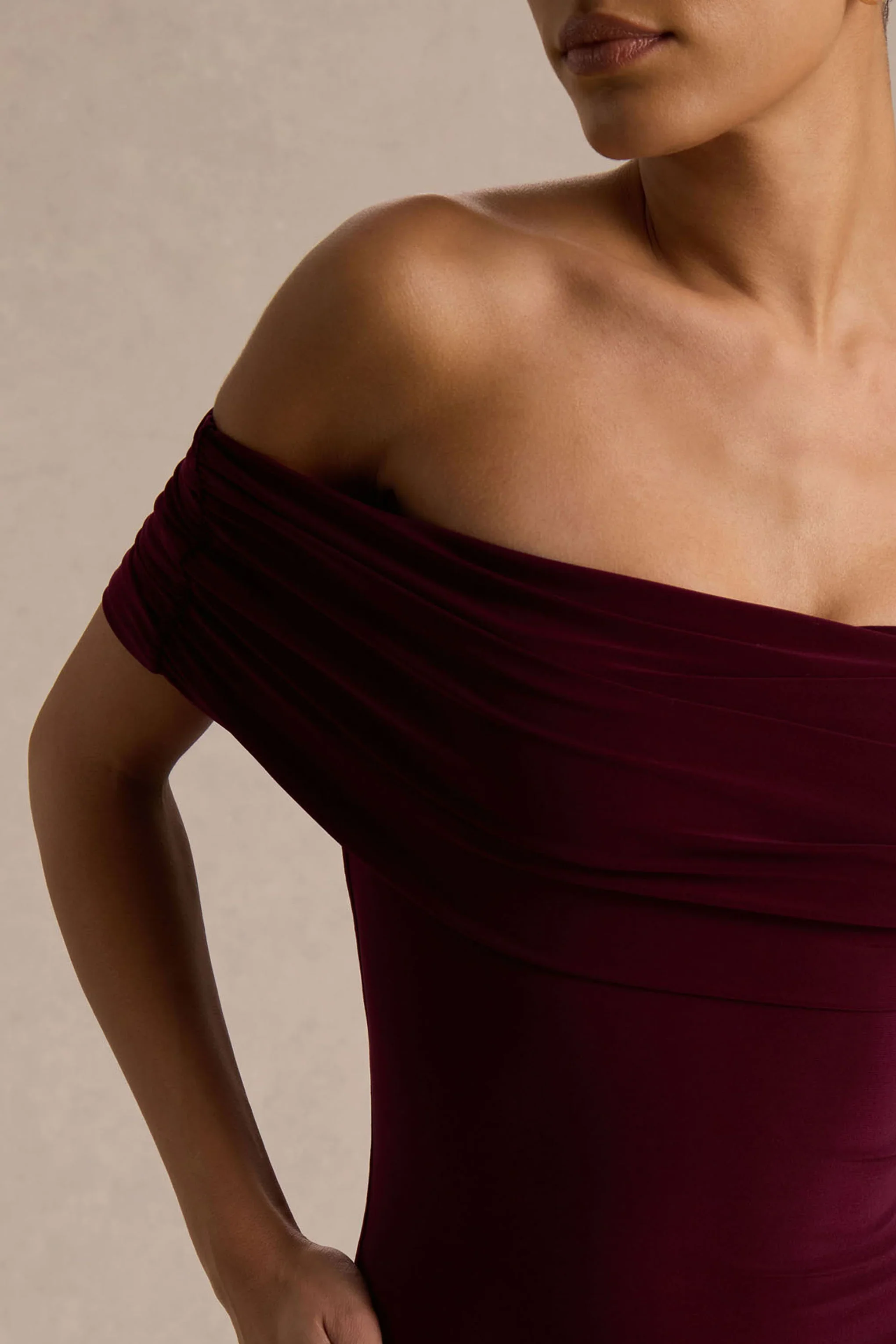 Venezia | Burgundy Bardot Puff-Skirt Maxi Dress