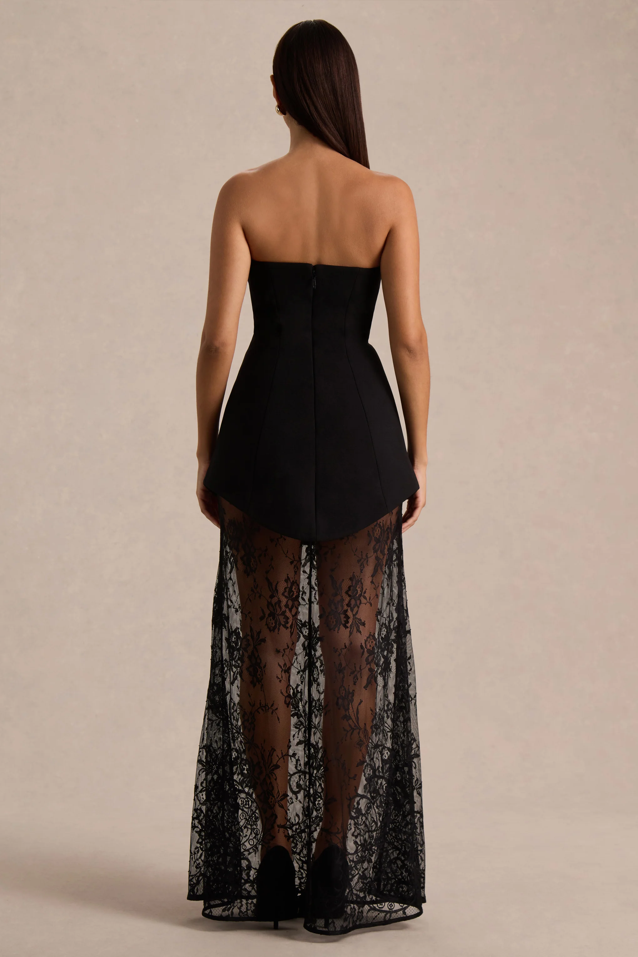 Brandi | Black Bandeau Maxi Dress With Lace Skirt