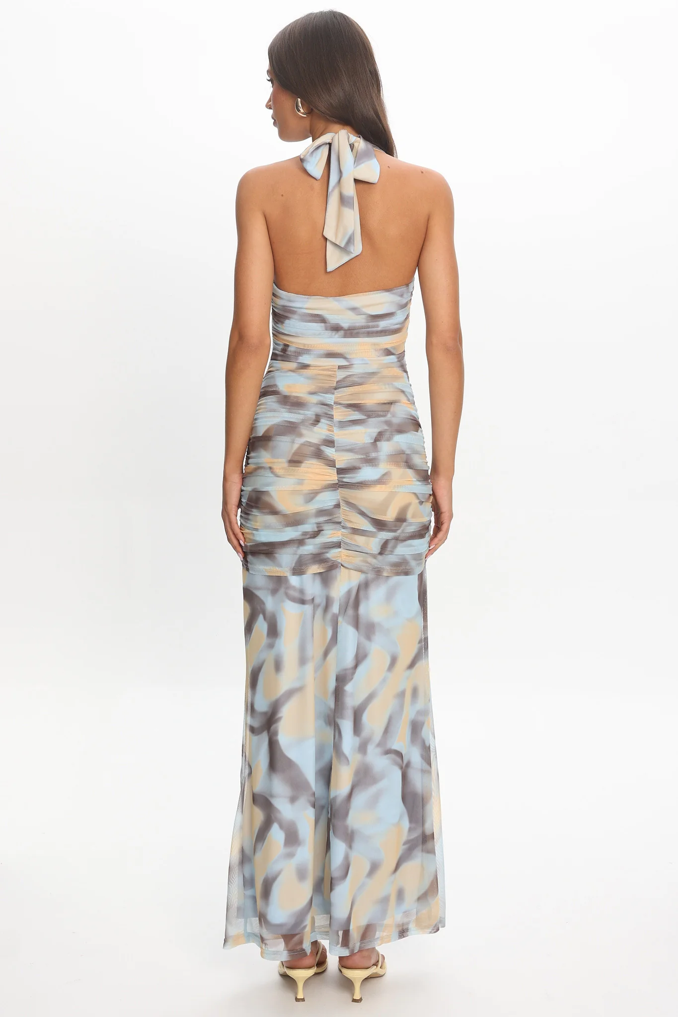 Luli Ruched Halterneck Maxi Dress Abstract Light Blue - luluinthesky