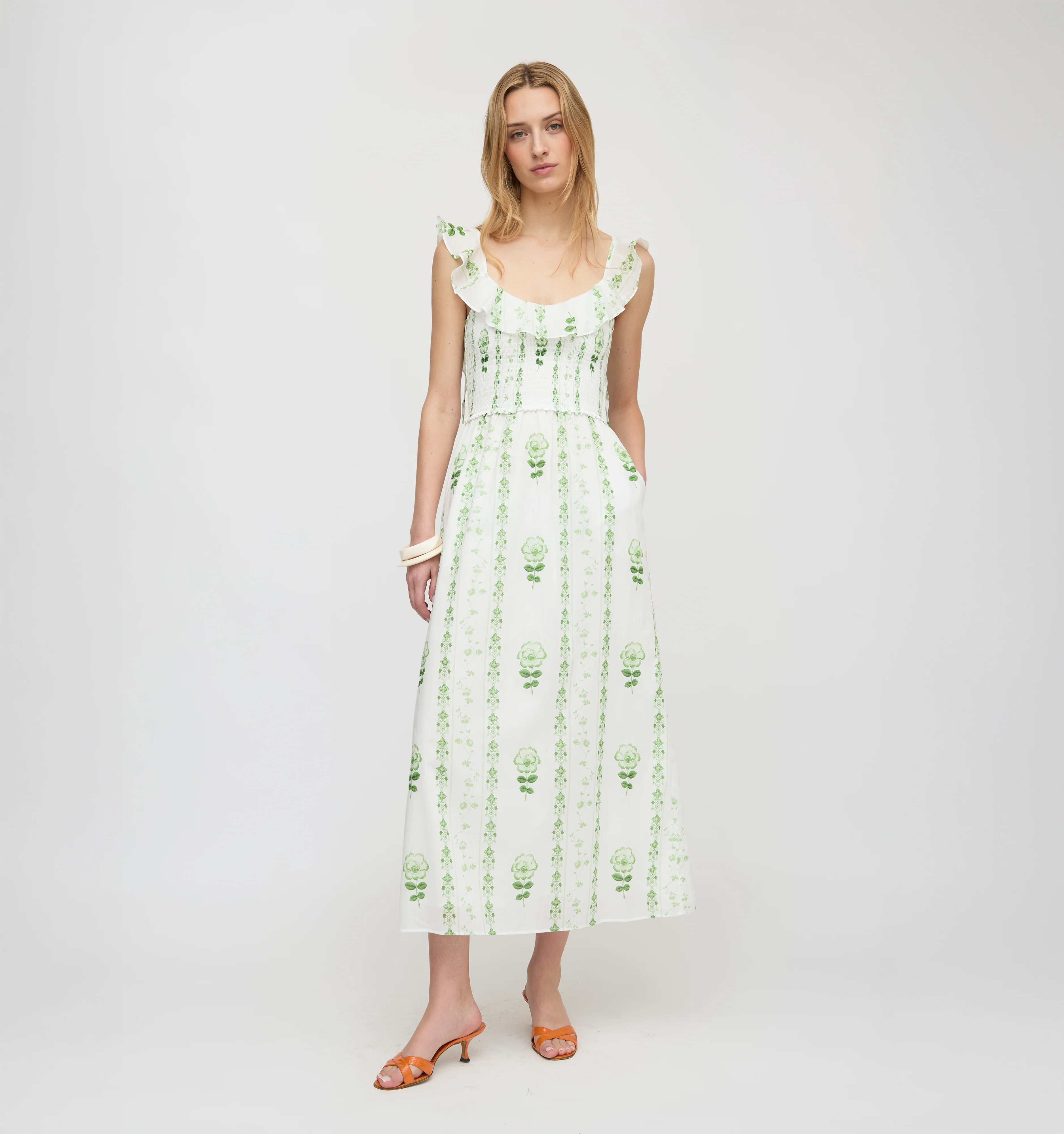 The Cambria Nap Dress - White/Green Arcadia Border