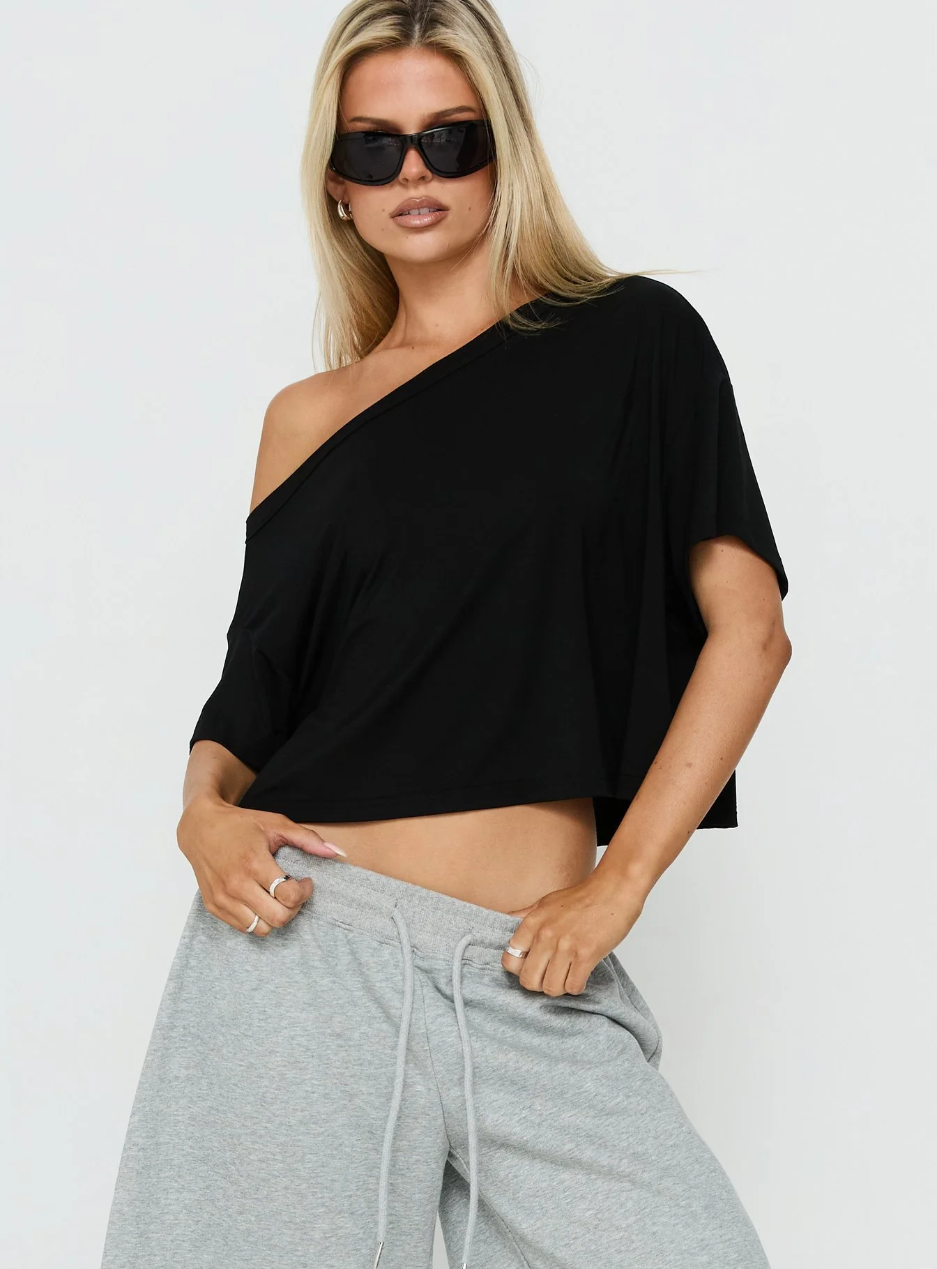 Bailea Off Shoulder Cropped Tee Black