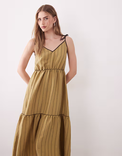 tie detailing tiered maxi dress with tipping in olive
