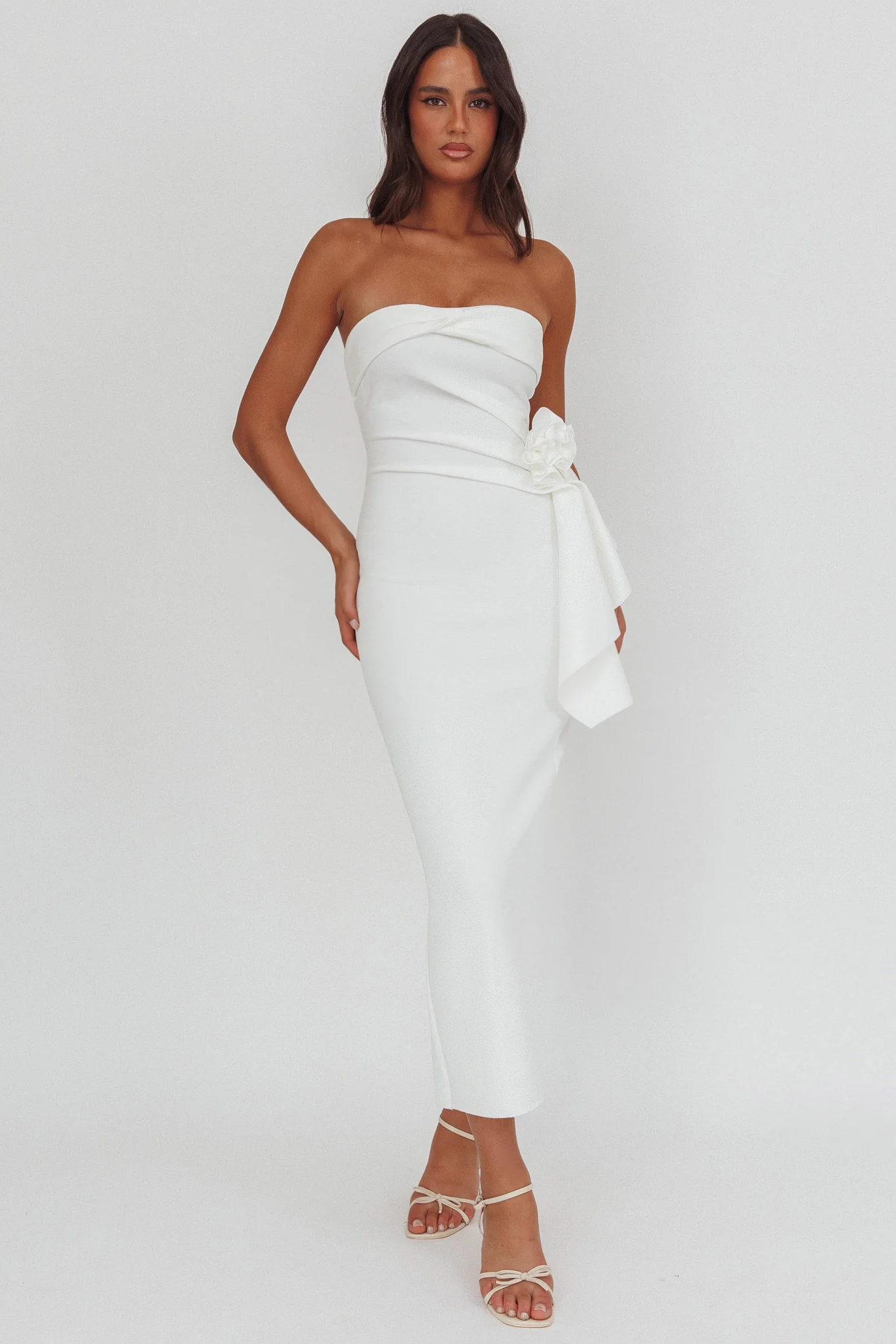 Sasha Cascade Ruffle Rosette Midi Dress White