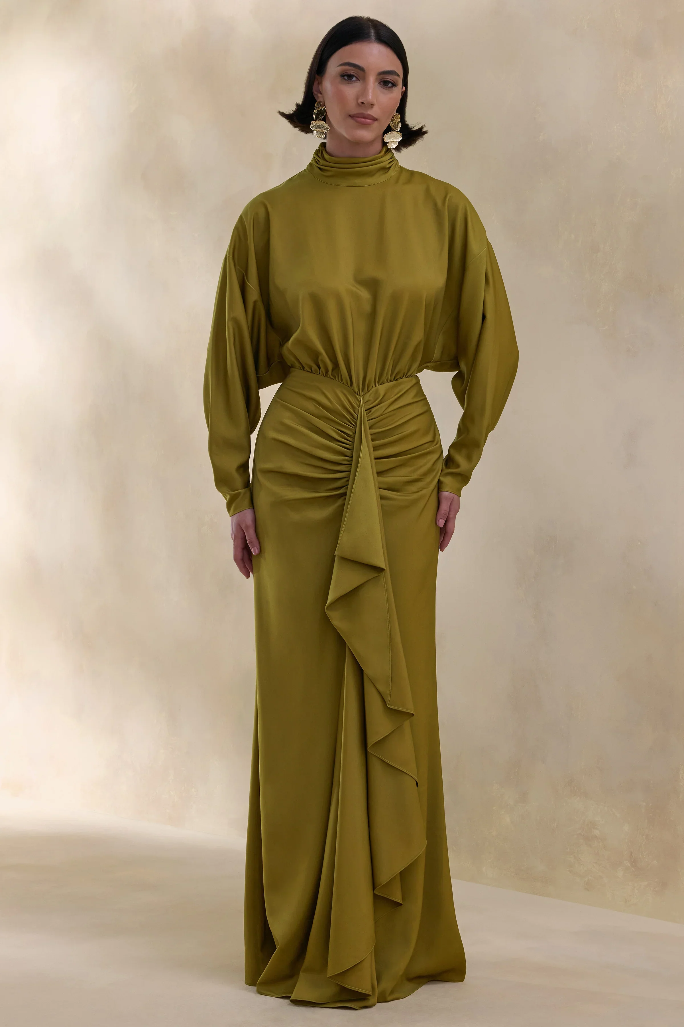 Perla | Olive High-Neck Maxi Dress With Gathered-Detailing