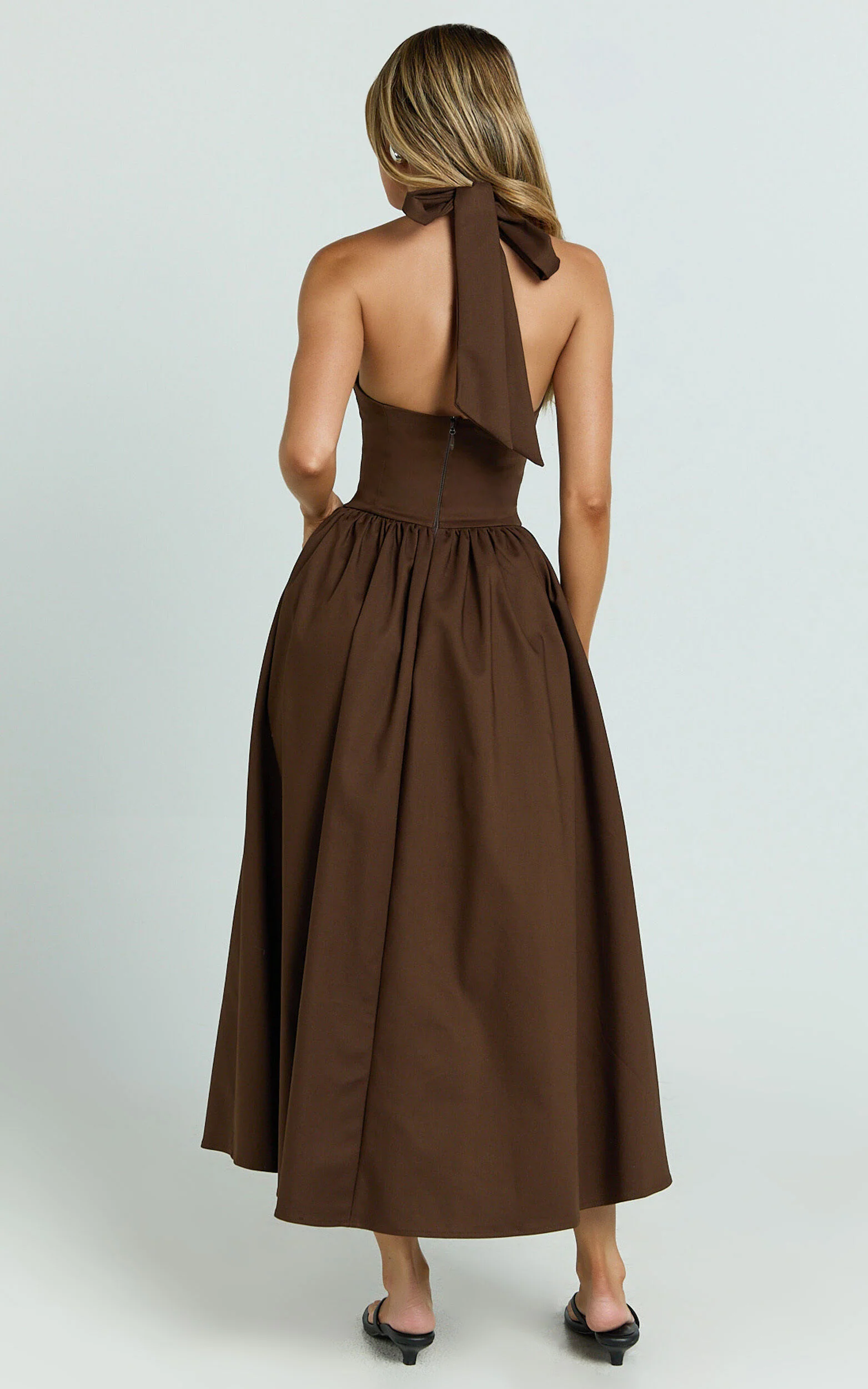 Helda Midi Dress - Halter Tie Neck Corset Panel Dress in Chocolate