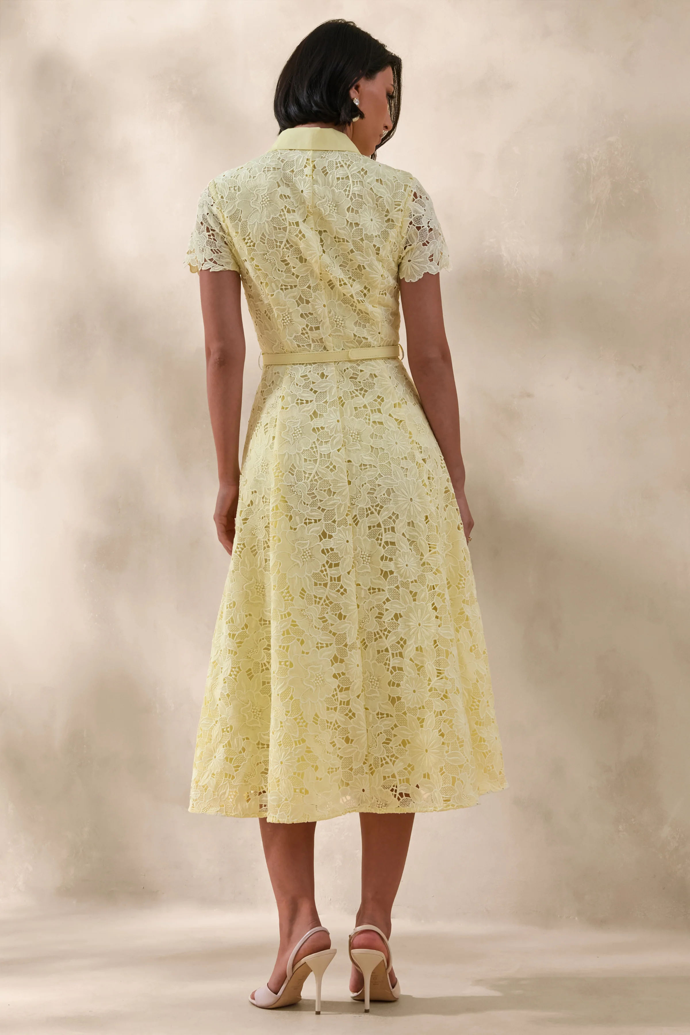 Zalie | Yellow Lace High-Neck Belted Midi Dress