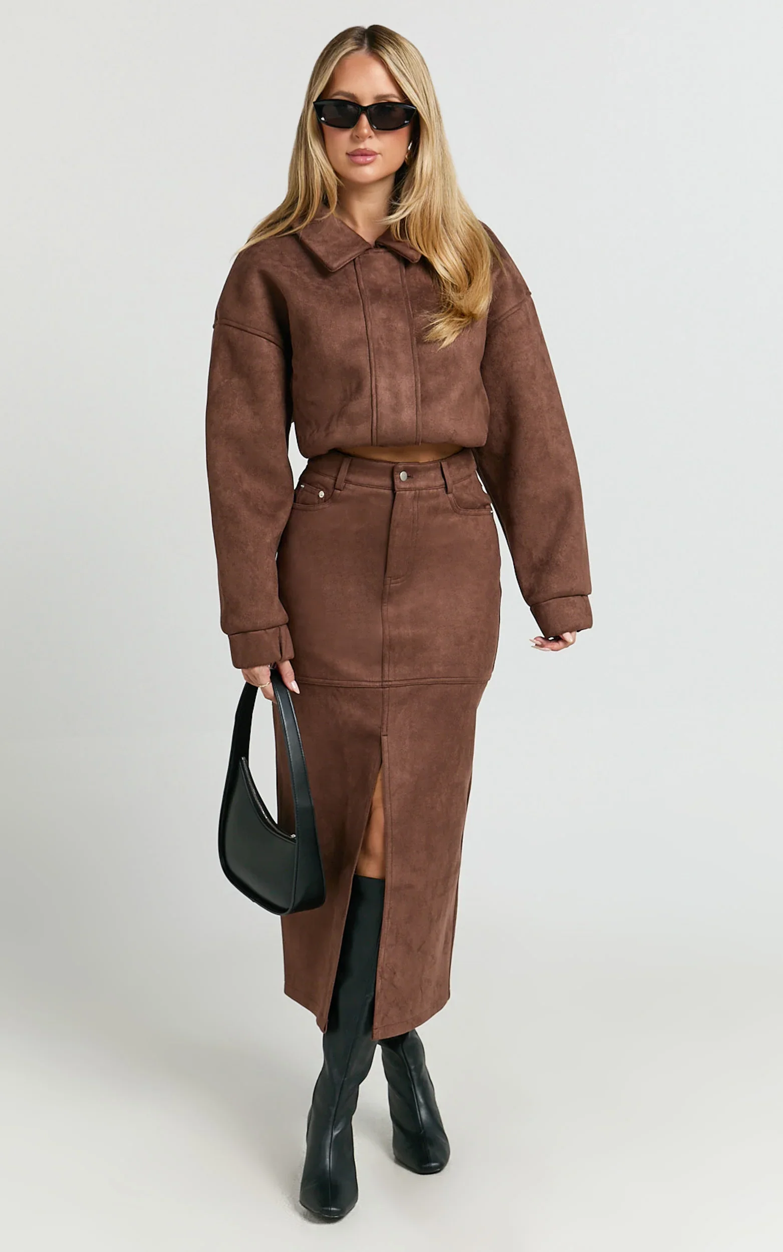 Nessa Midi Skirt - High Waisted Fitted Suede Skirt in Dark Chestnut