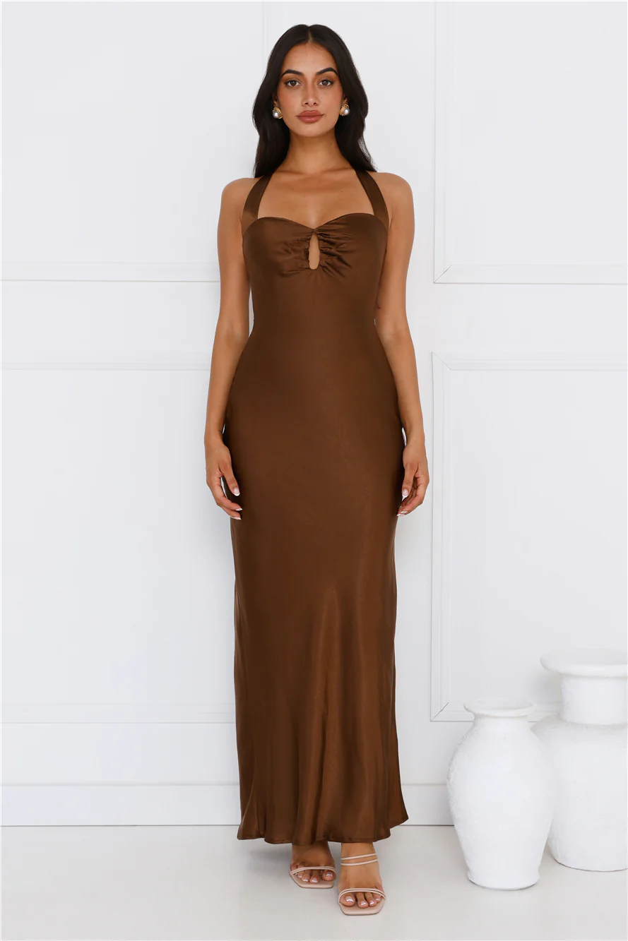 Ambiance Of The Night Halter Satin Maxi Dress Brown