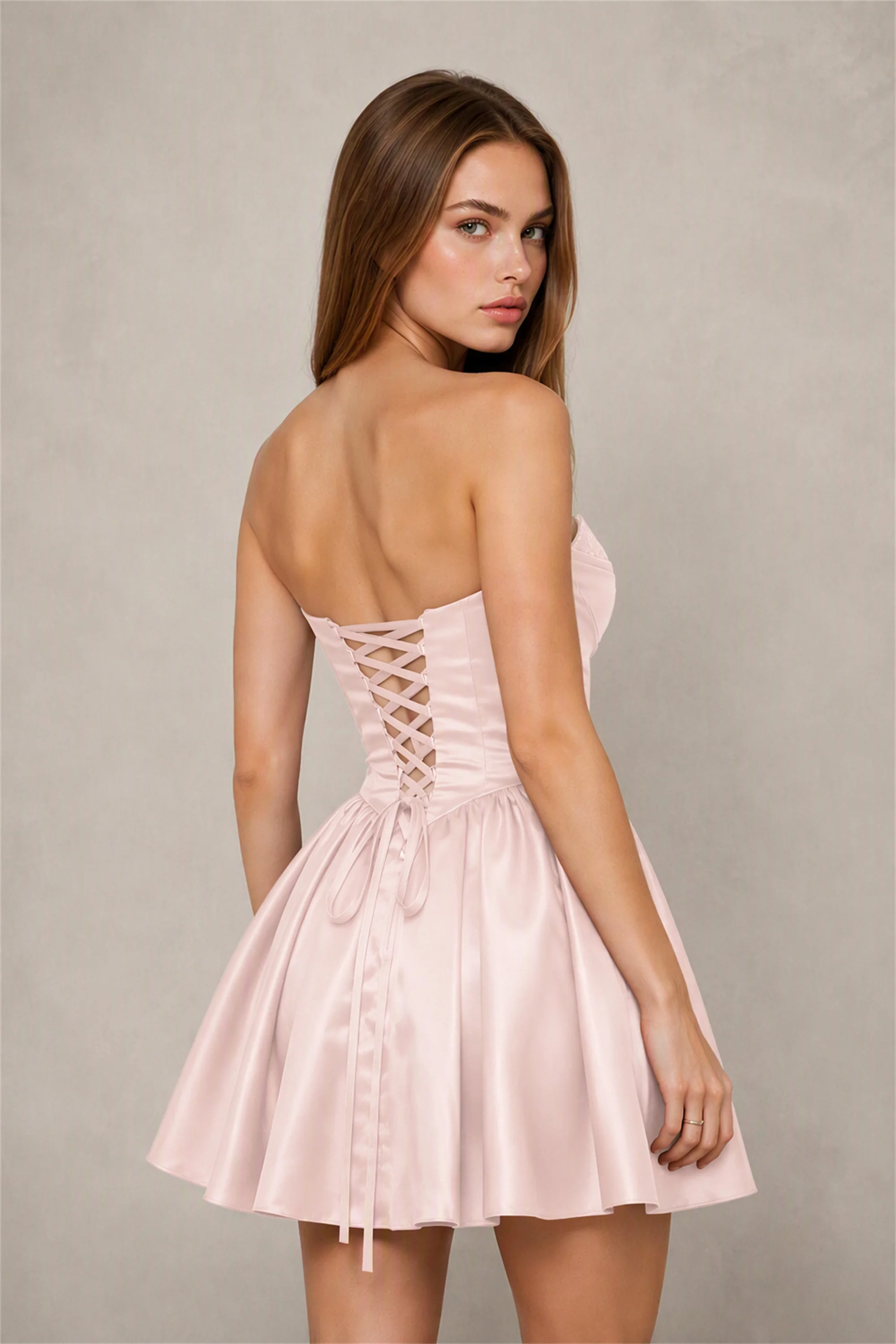 BOLODOO Blush Pink Satin Sequin Sweetheart Strapless Corset Lace-Up Back A-Line Mini Dress | Prom Cocktail Homecoming Dress