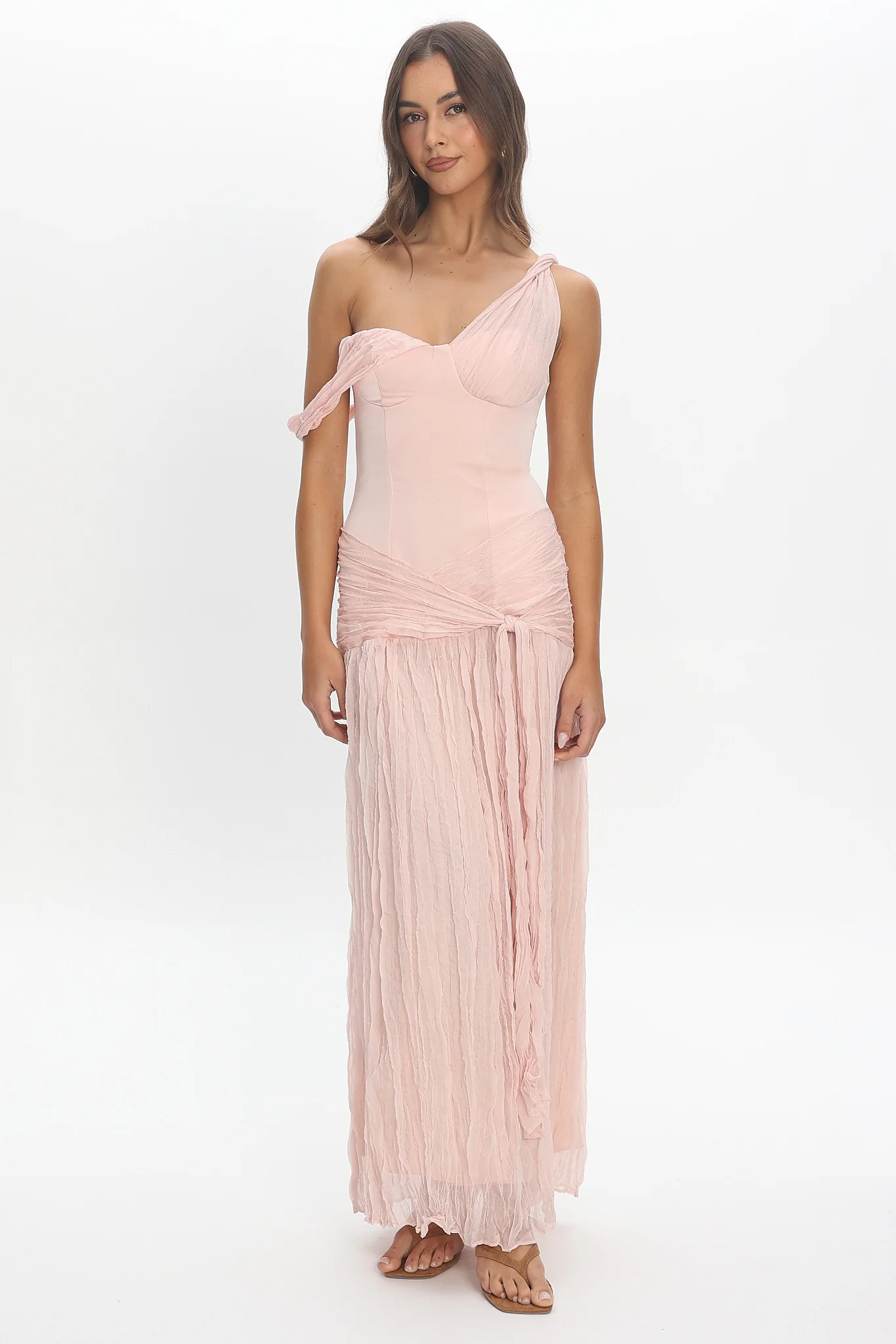Keia Crepe Chiffon One-Shoulder Maxi Dress Light Pink - luluinthesky