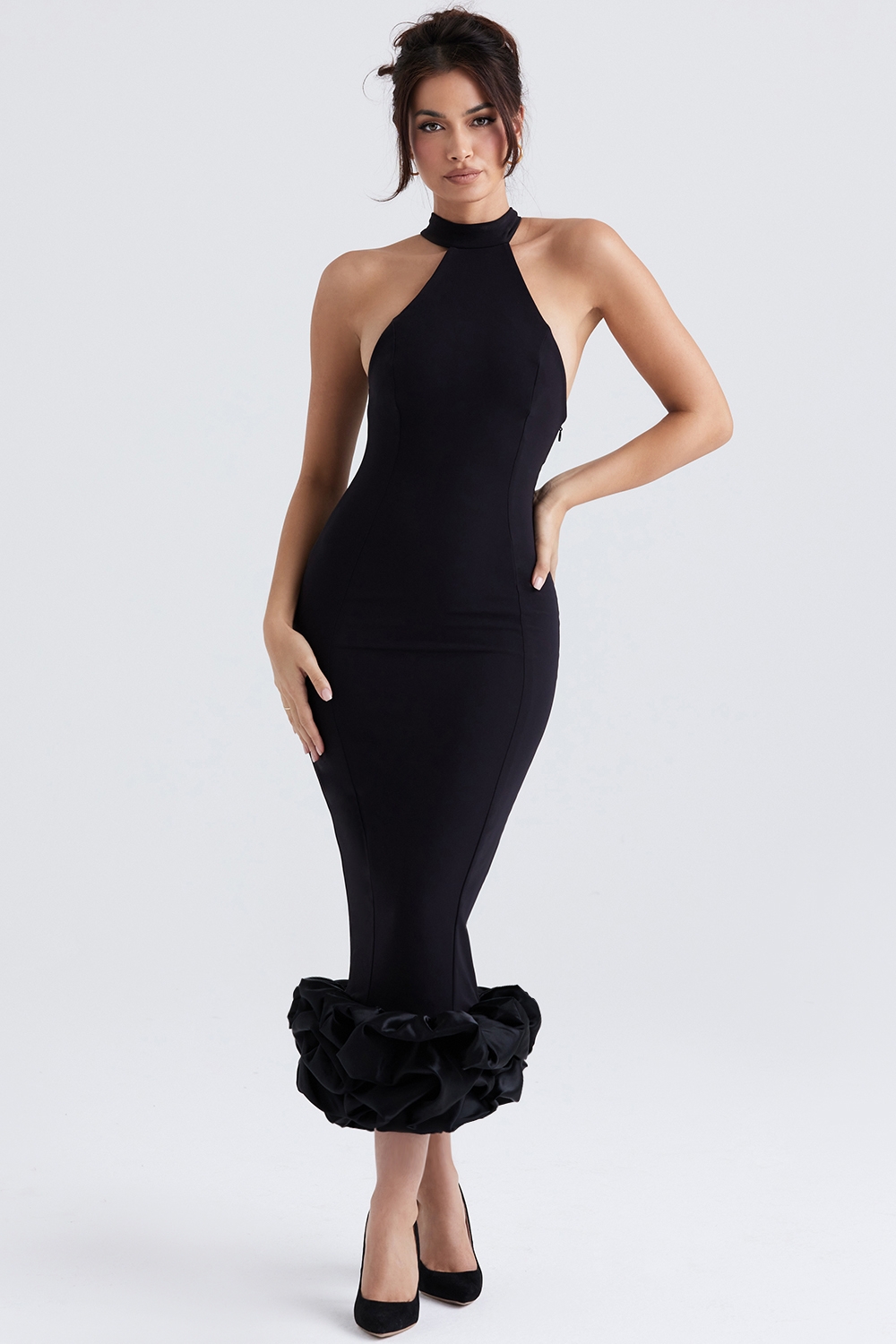 black peplum midi dress