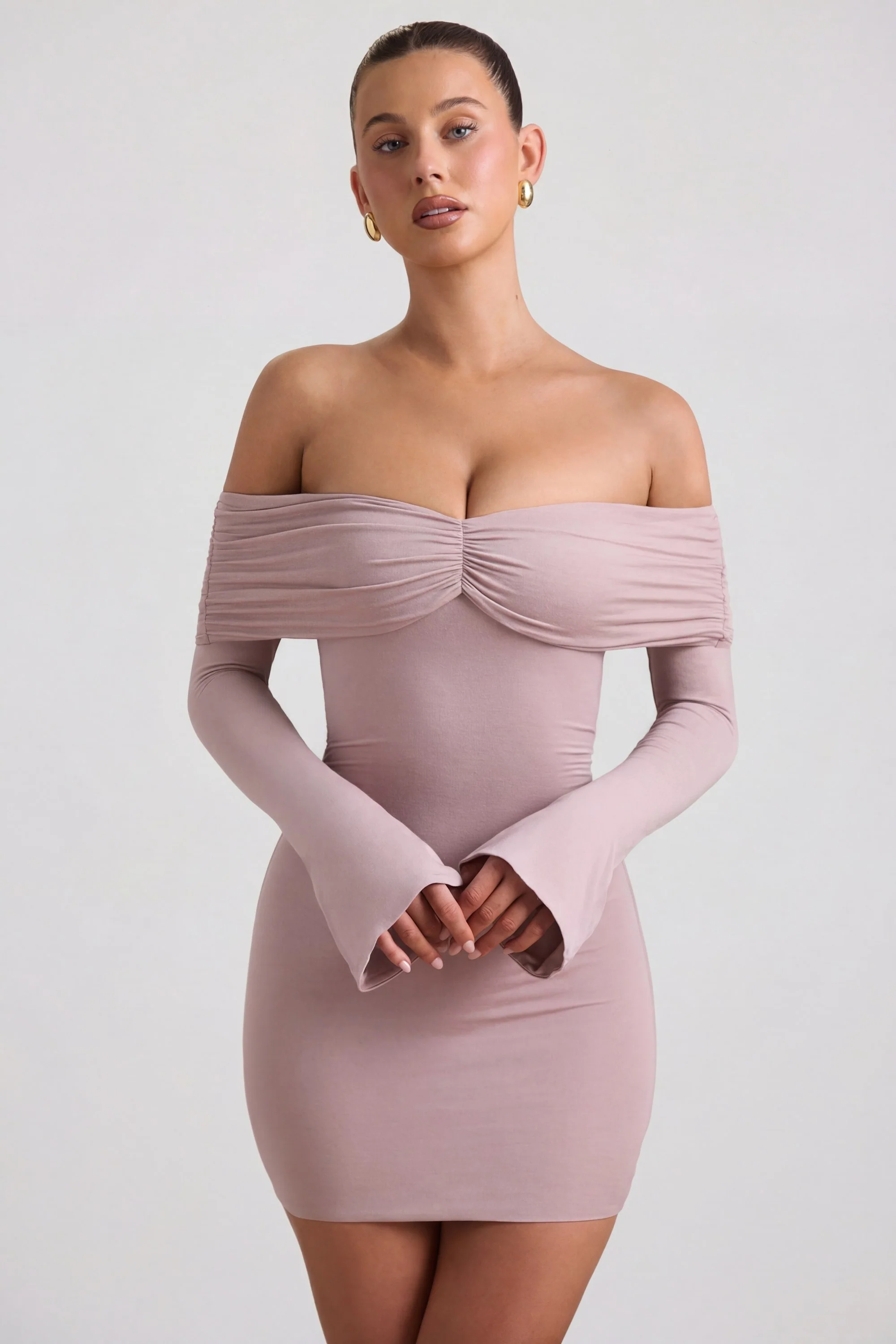 Modal-Cashmere Blend Off-Shoulder Ruched Mini Dress in Taupe
