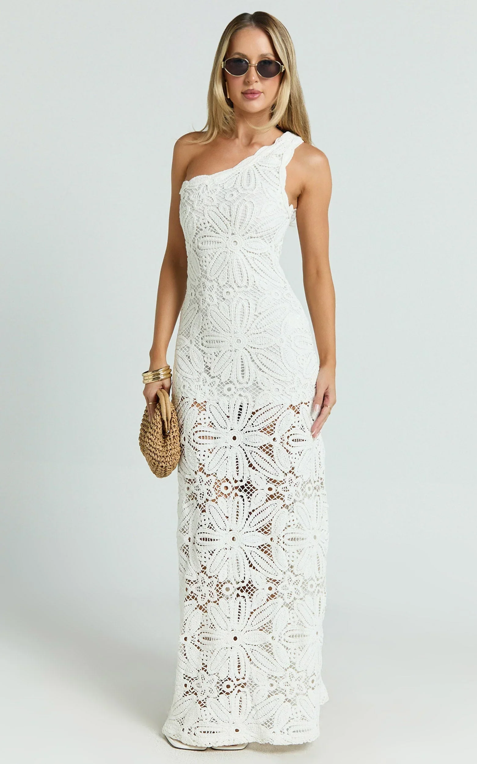 Charlene Maxi Dress - Crochet Knitted One Shoulder Maxi Dress in White - luluinthesky