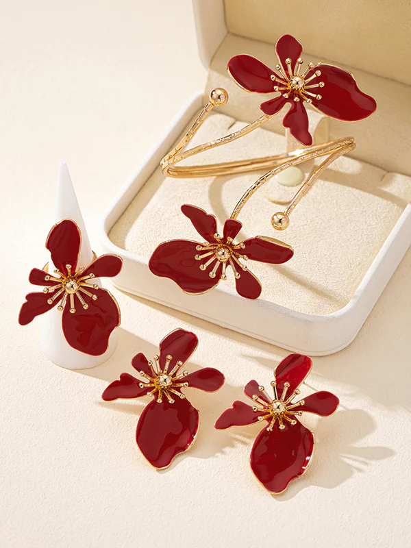 Flower Shape Bracelet + Earrings + Rings Accessories Three Pieces