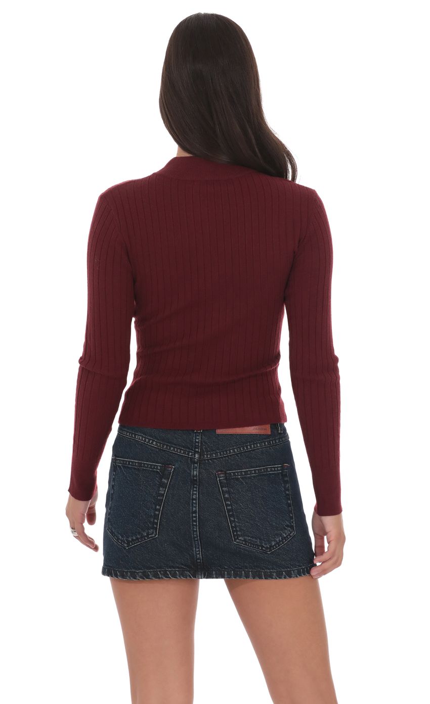 Mock Neck Zip-Up Cardigan in Maroon