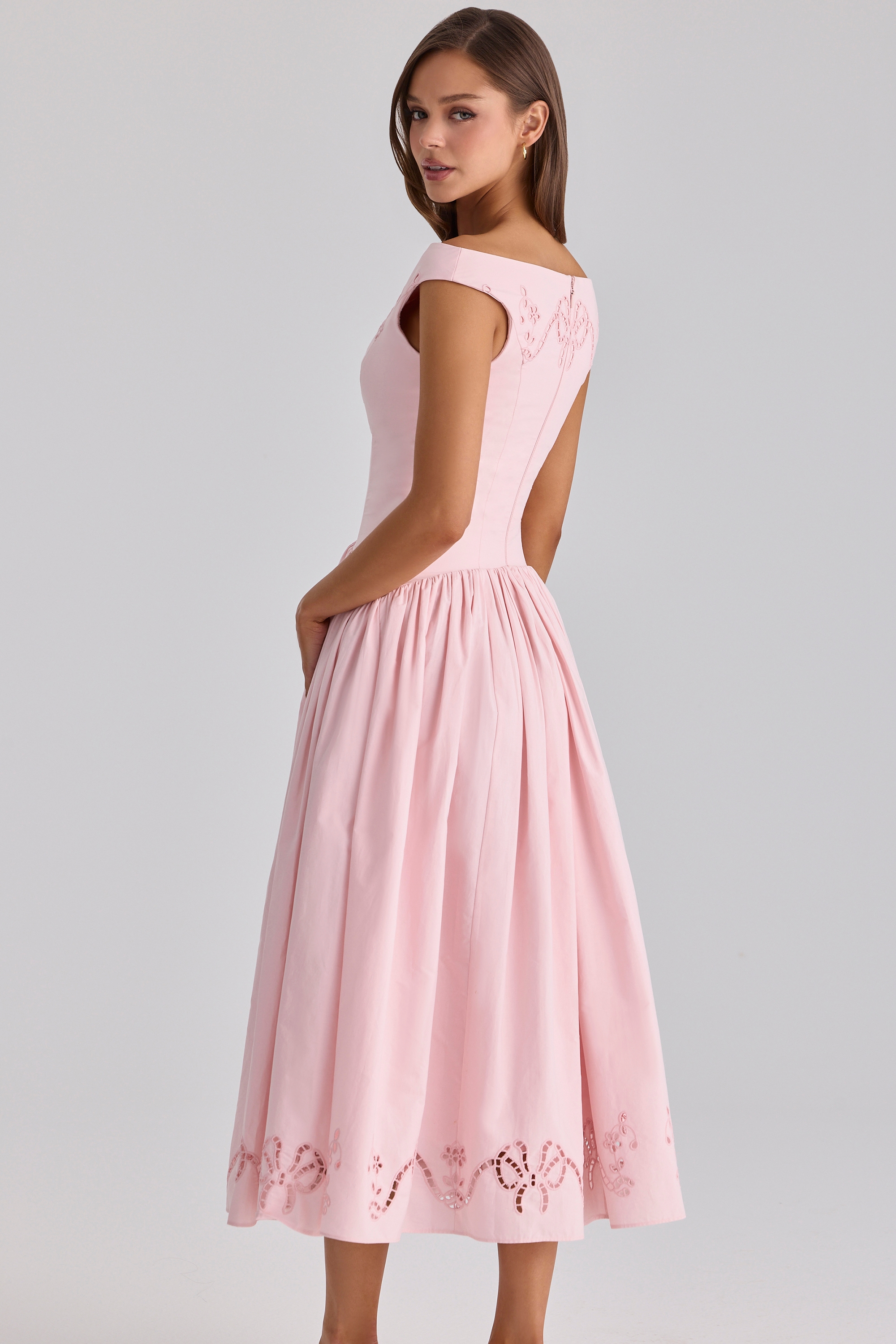 Pink Cotton Broderie Anglaise Boat Neck Maxi Dress