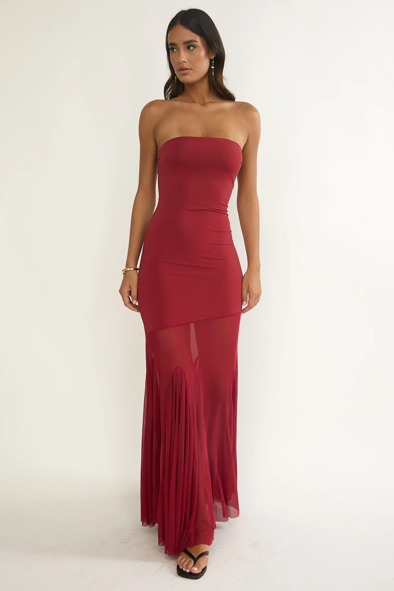 Velvet Rope Strapless Mesh Maxi Dress Wine