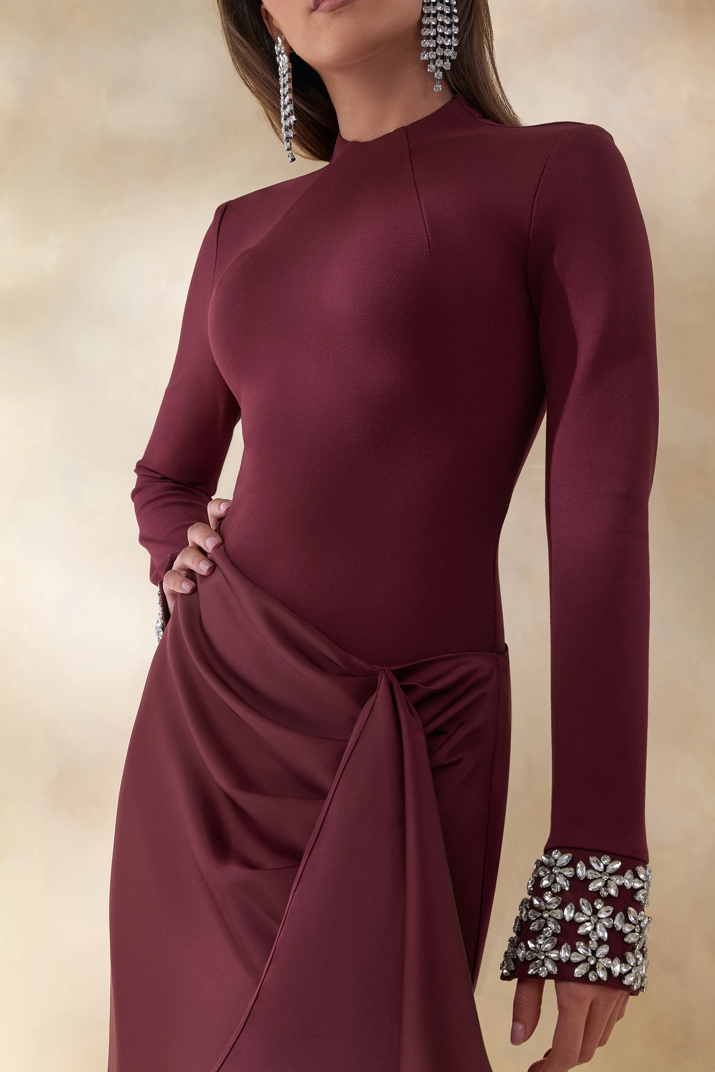 Starred | Burgundy Crew-Neck Maxi Dress With Drop-Waist And Satin Wrap-Skirt
