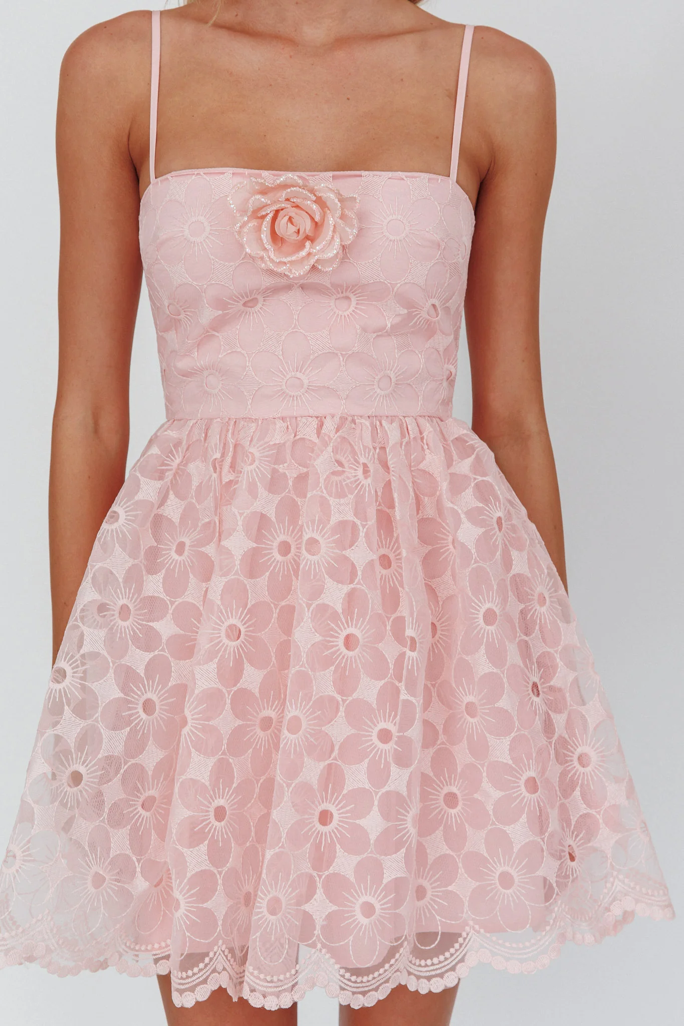 Bahia A-Line Square Neckline Mini Dress Lace Blush - luluinthesky