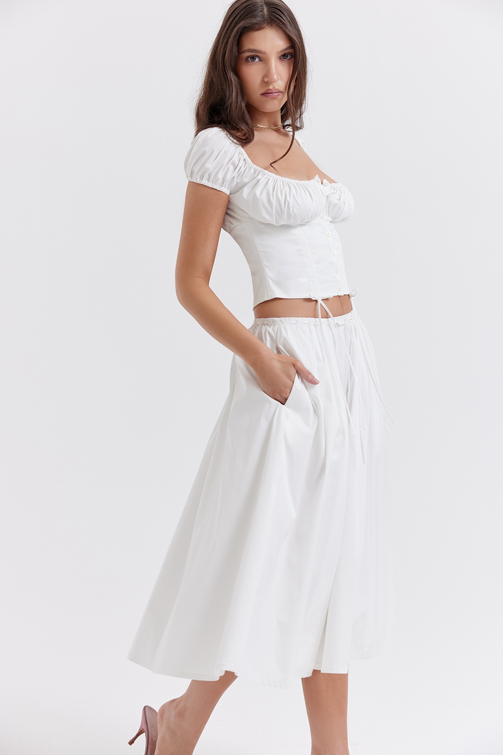 White Gathered Midi Skirt
