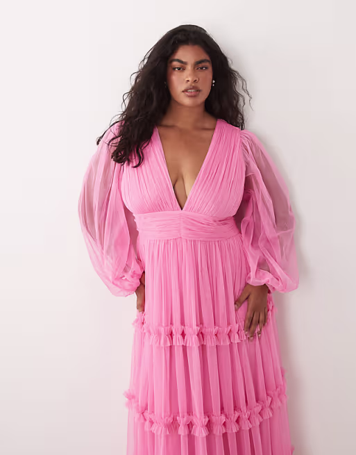 Lace & Beads Plus tulle plunge neck ruffle trim tiered maxi dress in pink