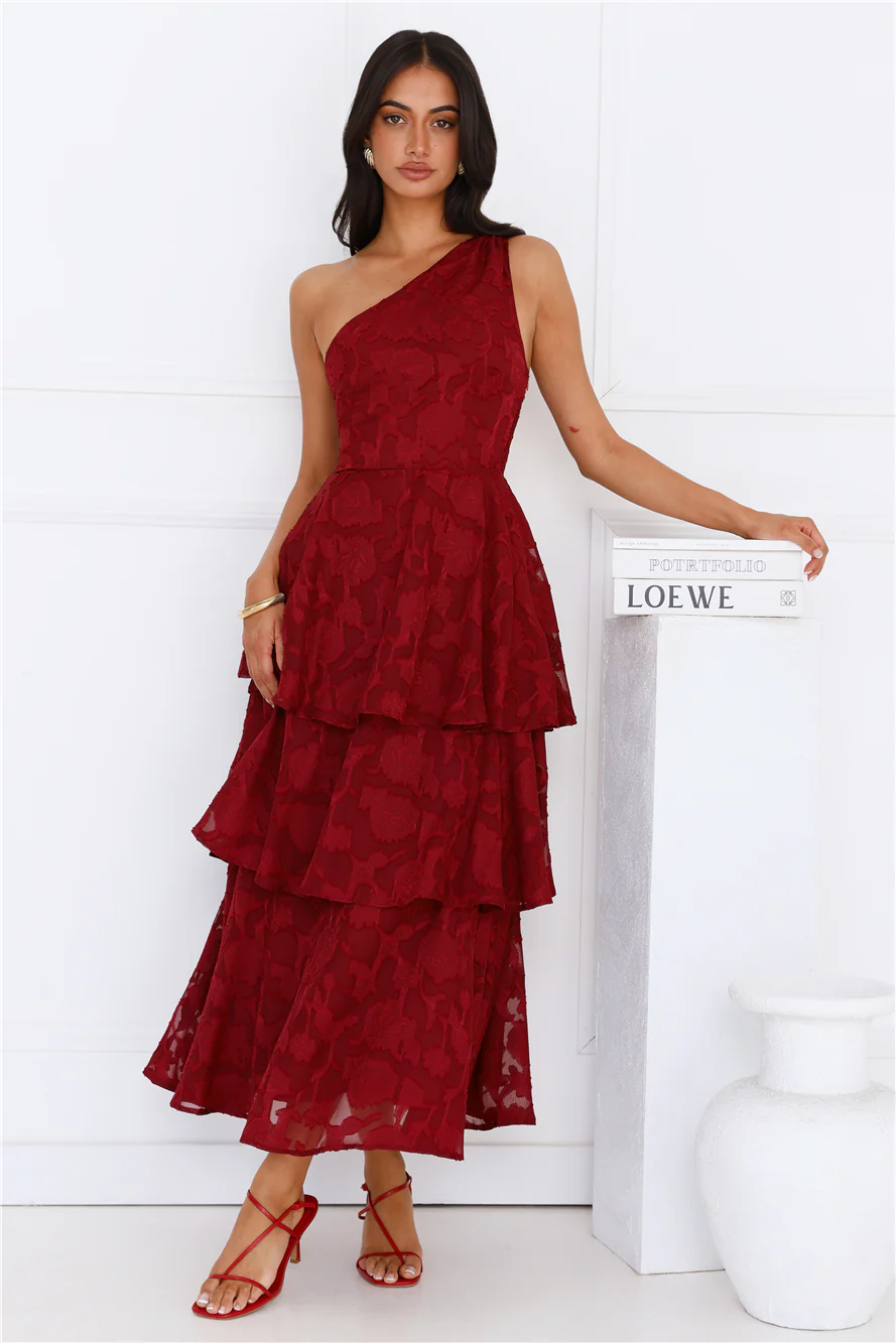 Pixie Petals One Shoulder Maxi Dress Burgundy
