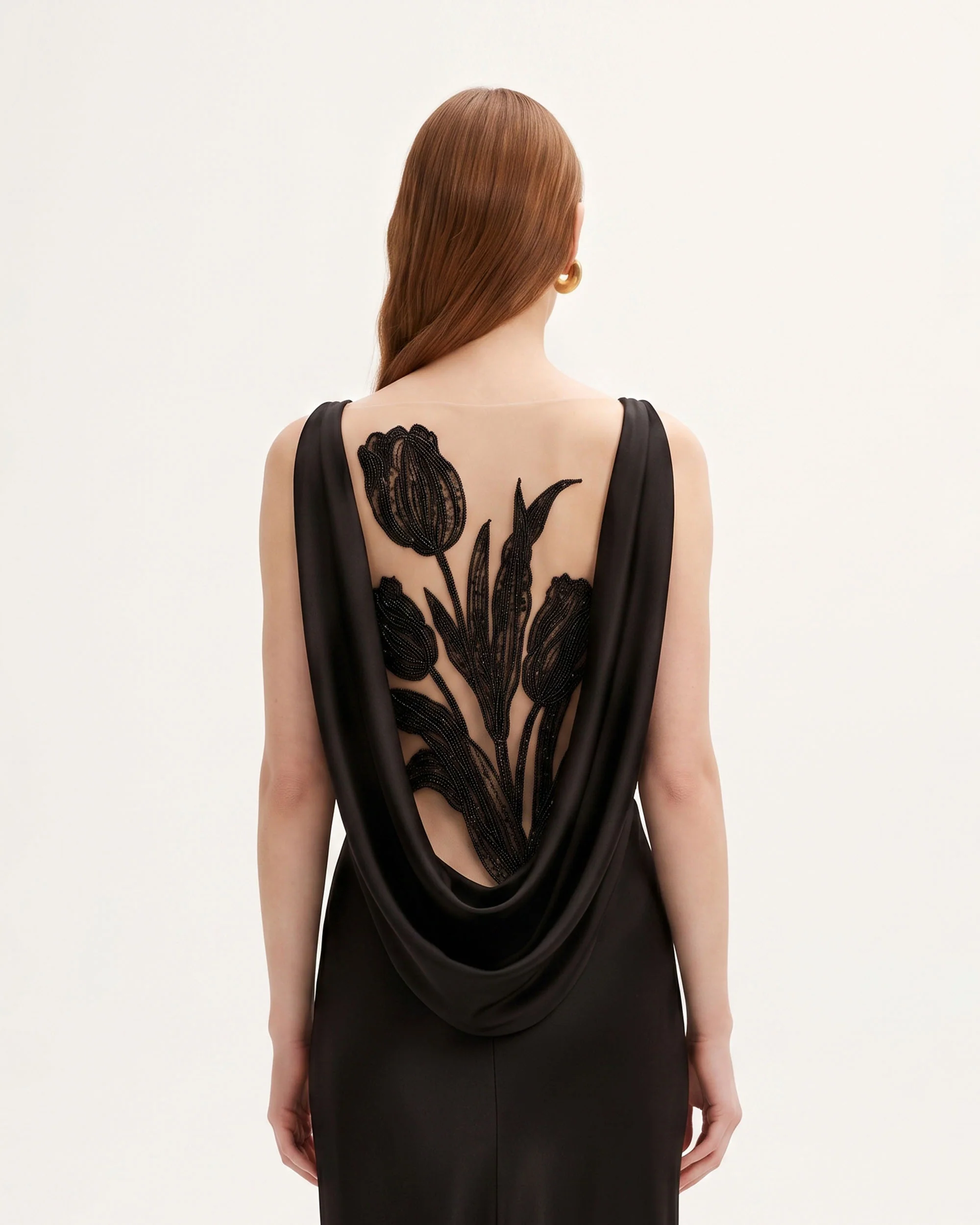 Tulip Appliqué Cowl-Back Satin Column Maxi Dress - Black