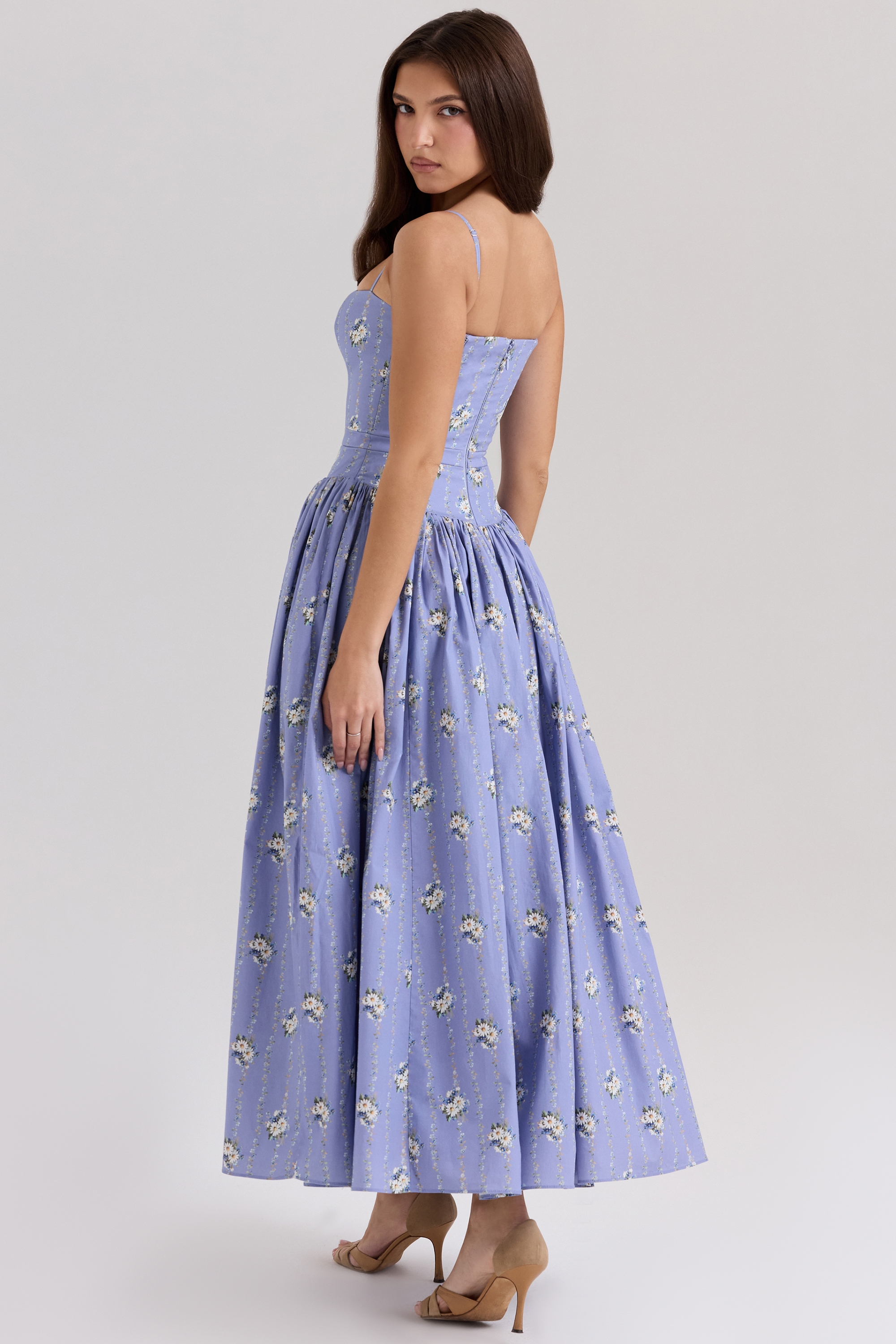 blue daisy print stretch cotton midi sundress