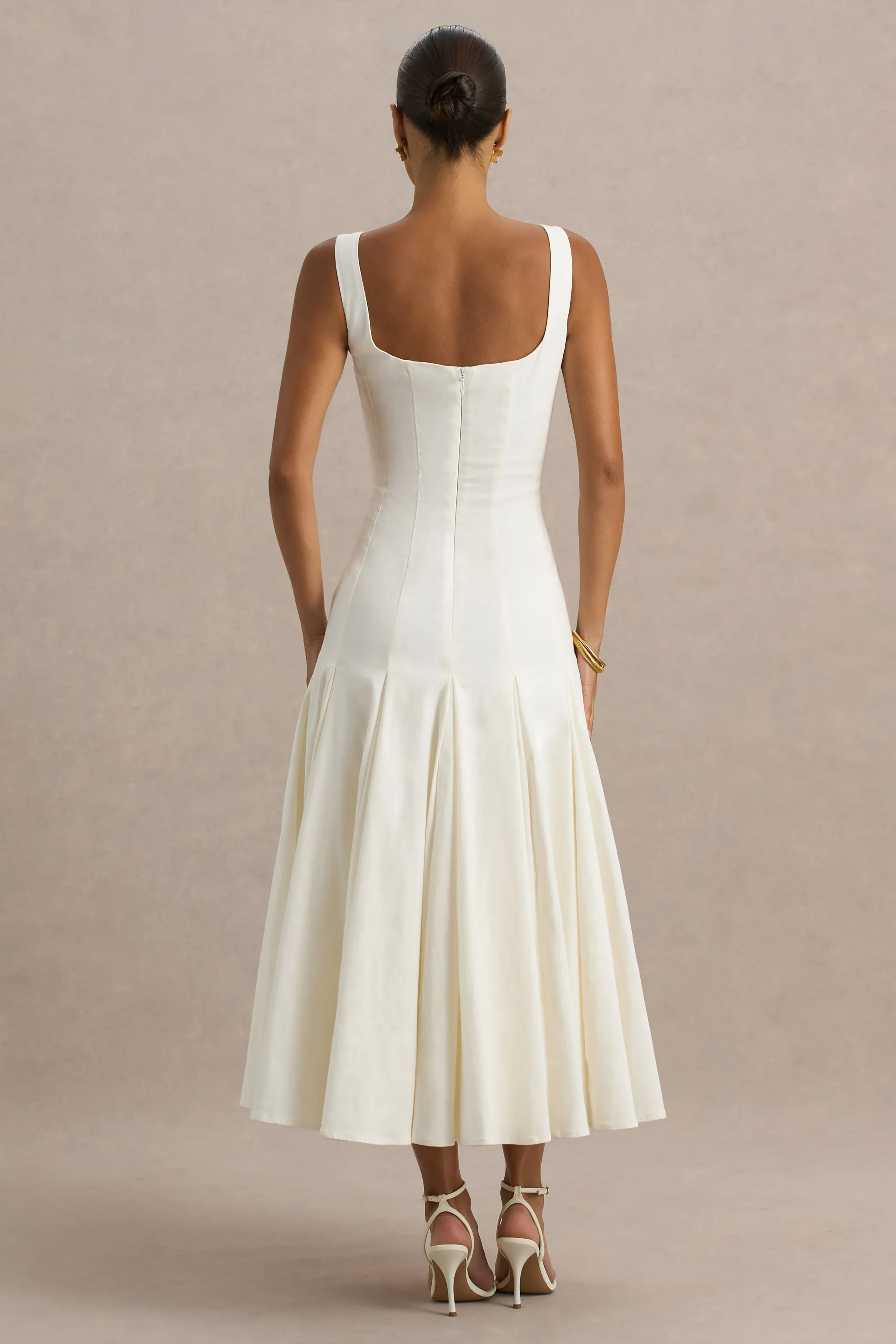 Magnolia | White Scoop-Neck Midi Dress With Drop-Waist And Ruffling Detail