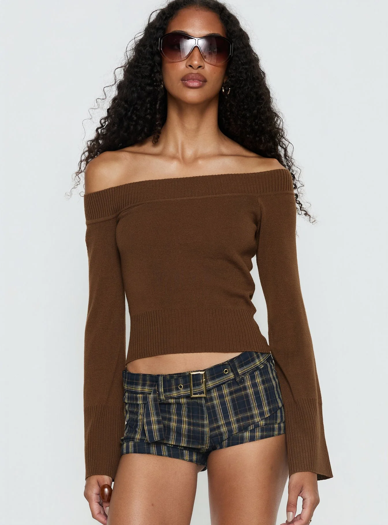 Perrey Long Sleeve Off Shoulder Knit Top Brown