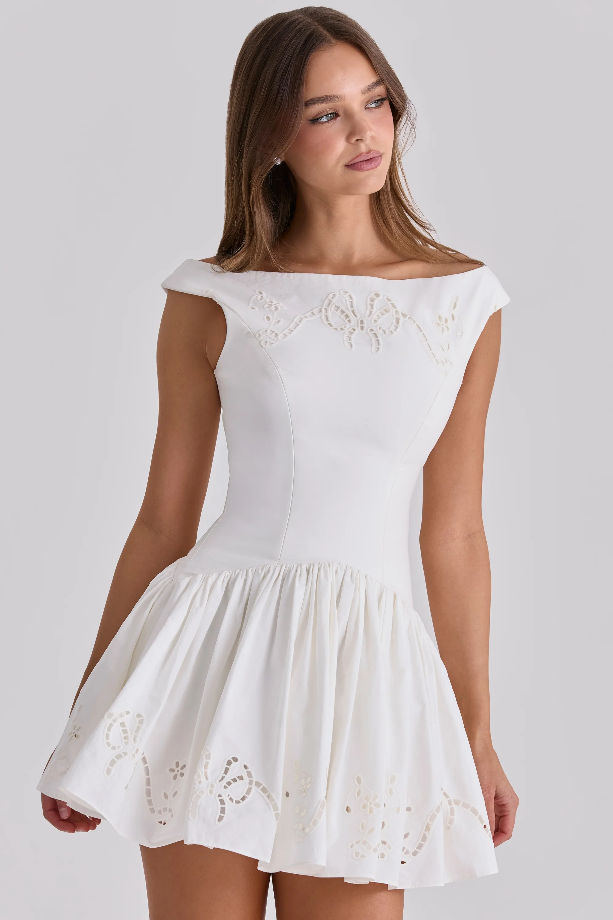 white cotton broderie anglaise boat neck mini dress