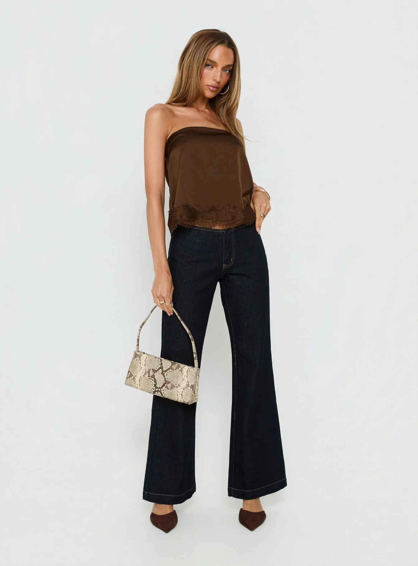 Sheyla Strapless Satin Lace Trim Top Chocolate