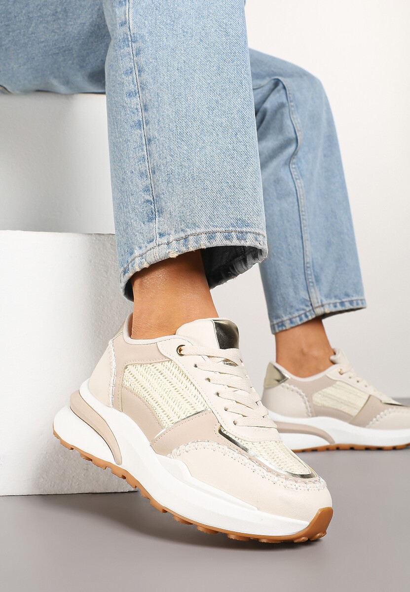 Beżowe Sneakersy na Platformie ze Wstawkami z Plecionki Ninatia