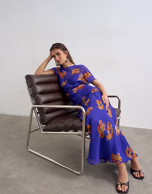 Topshop chiffon maxi dress with pintuck detailing in purple and orange floral