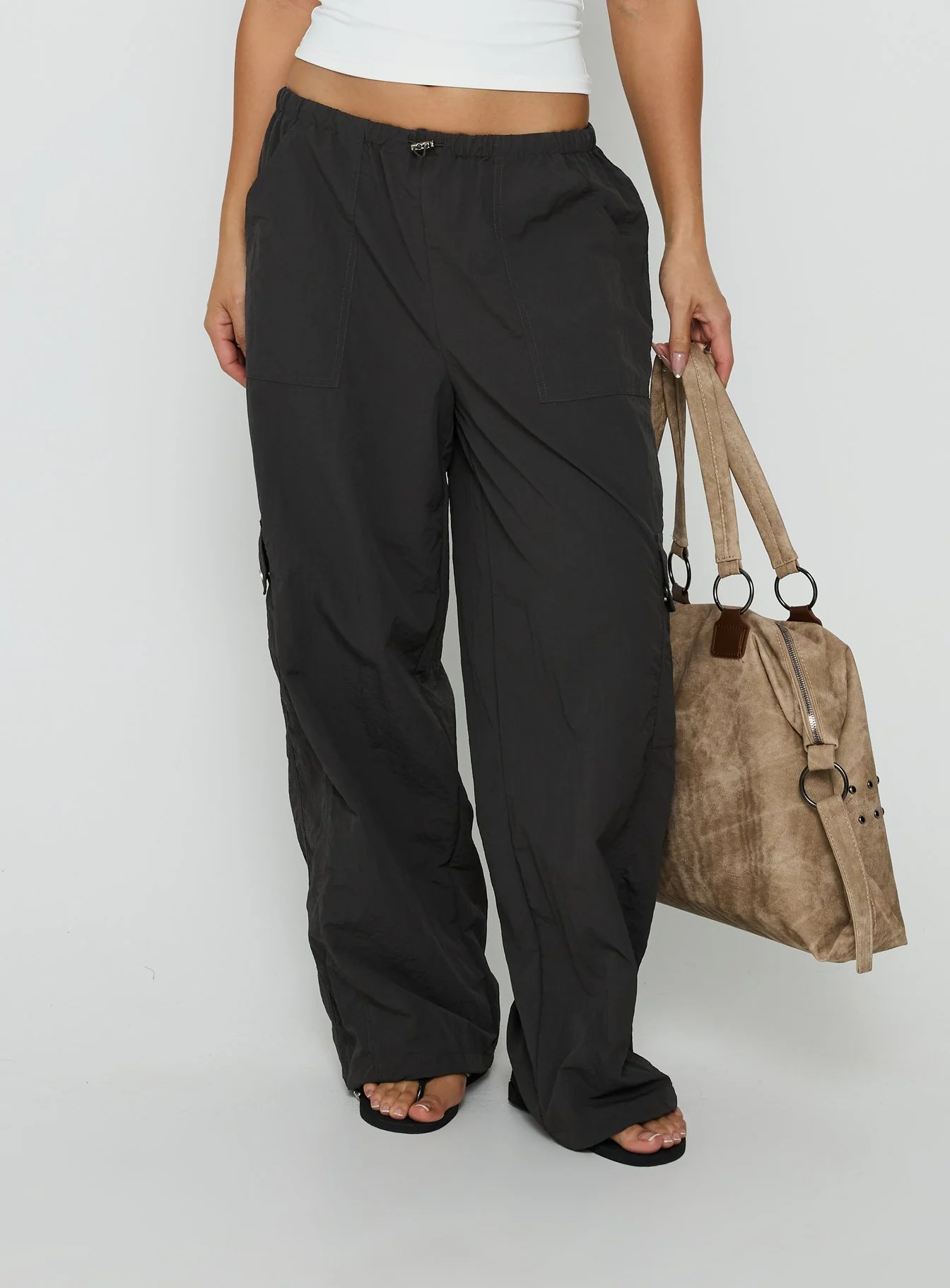 Lost On You Parachute Cargo Pants Charcoal
