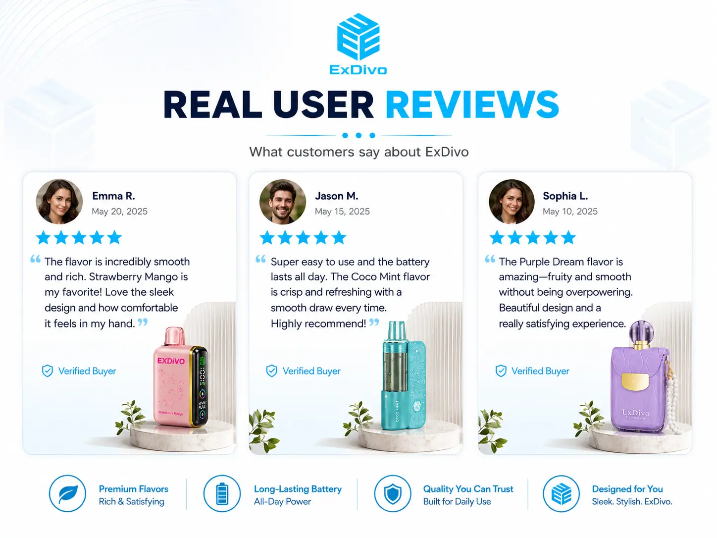 ExDivo customer reviews graphic showing ratings for Blueberry Ice INTERSTELLAR 35K and Watermelon Ice FLORA 40K vape products