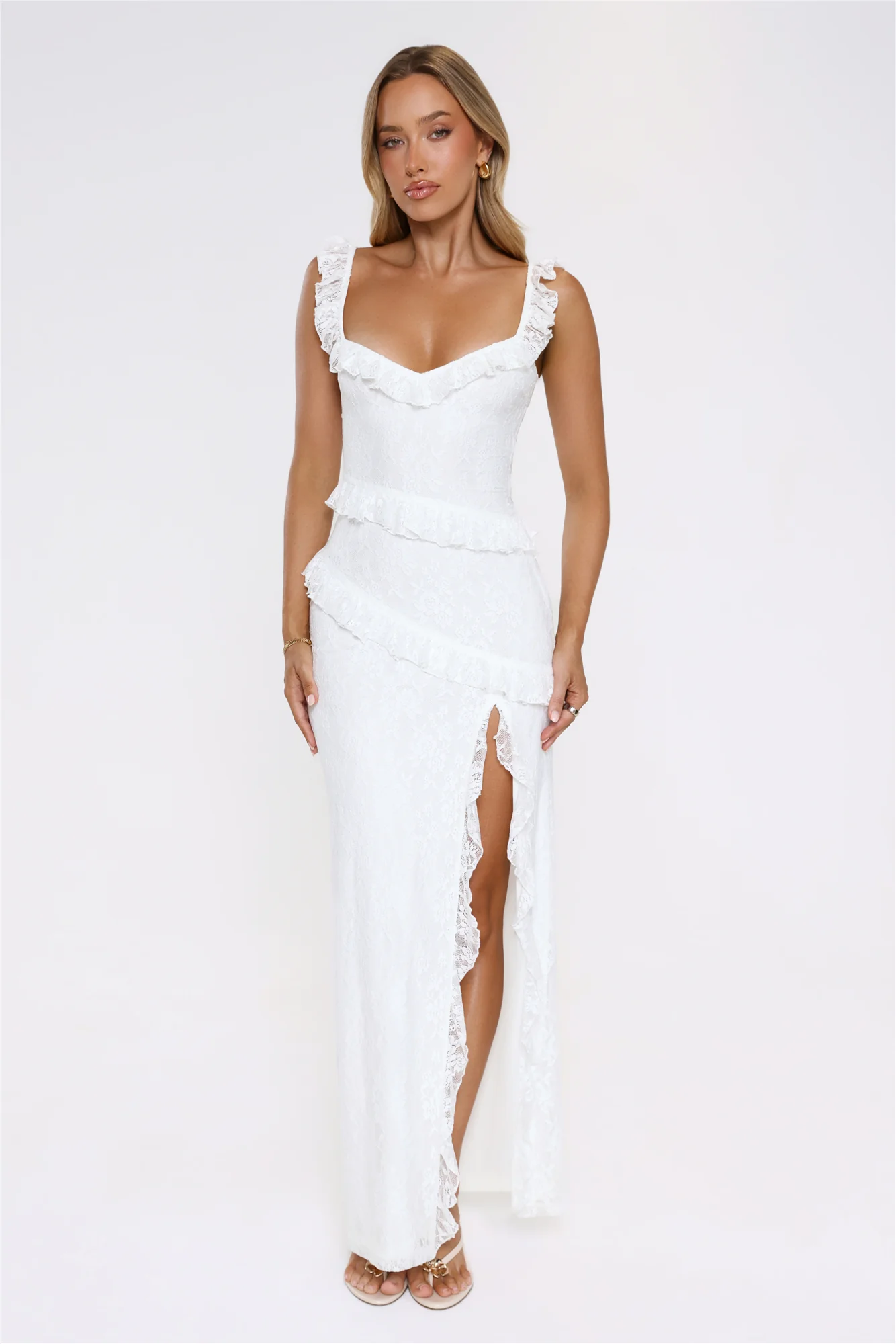 Golden Dusk Lace Maxi Dress White - luluinthesky