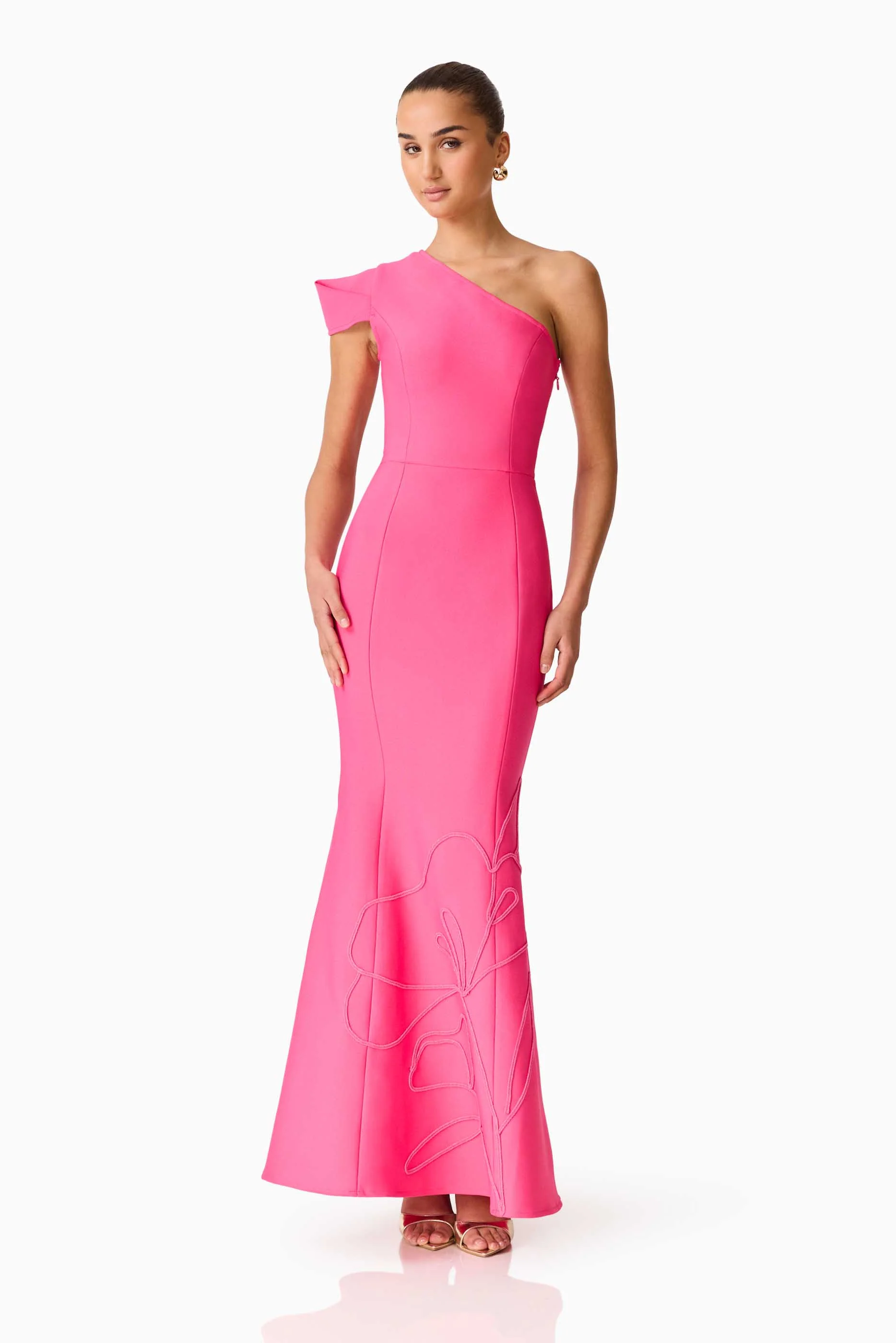 Opline One Shoulder Gown in Hot Pink