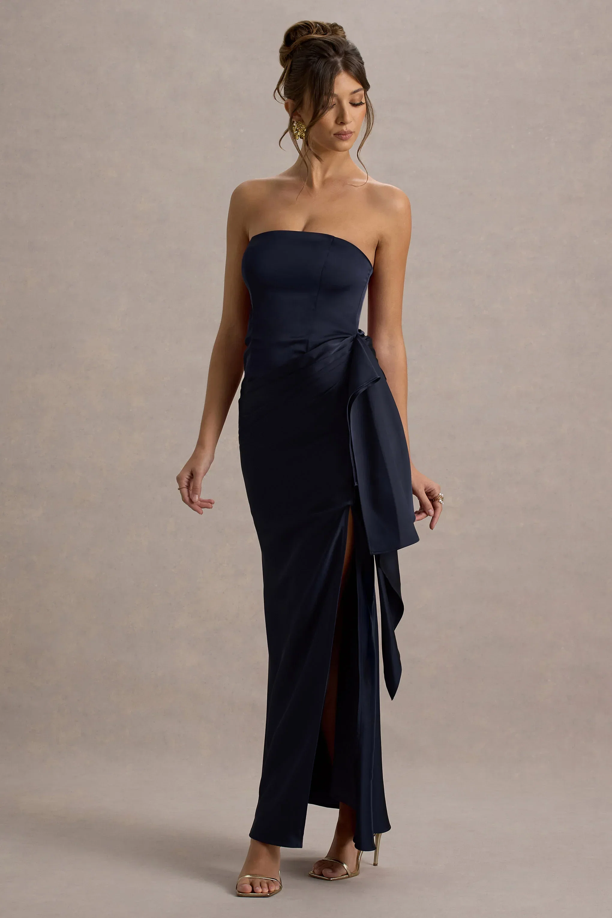 Loz | Navy Satin Bandeau Draped Maxi Dress